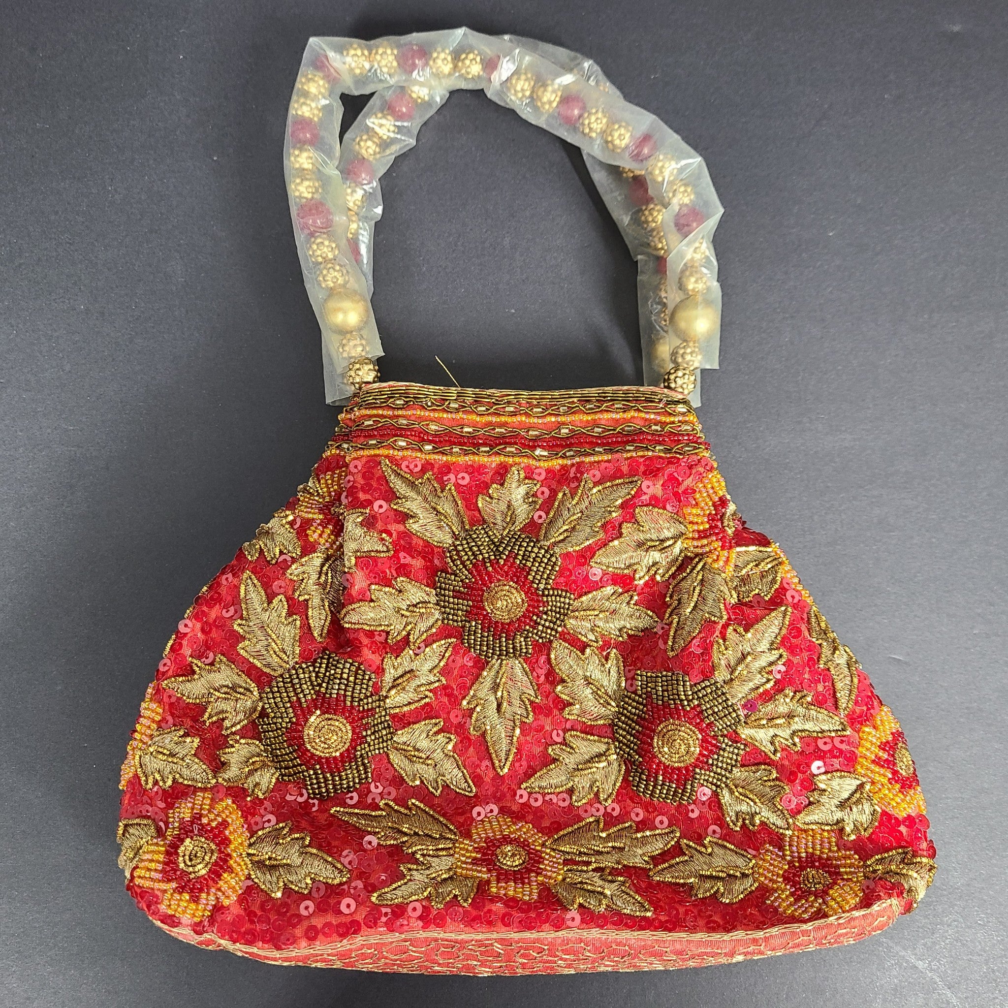Indian Handmade Embroidered Clutch Purse Potli Bag Pouch w/ Handles Red Gold