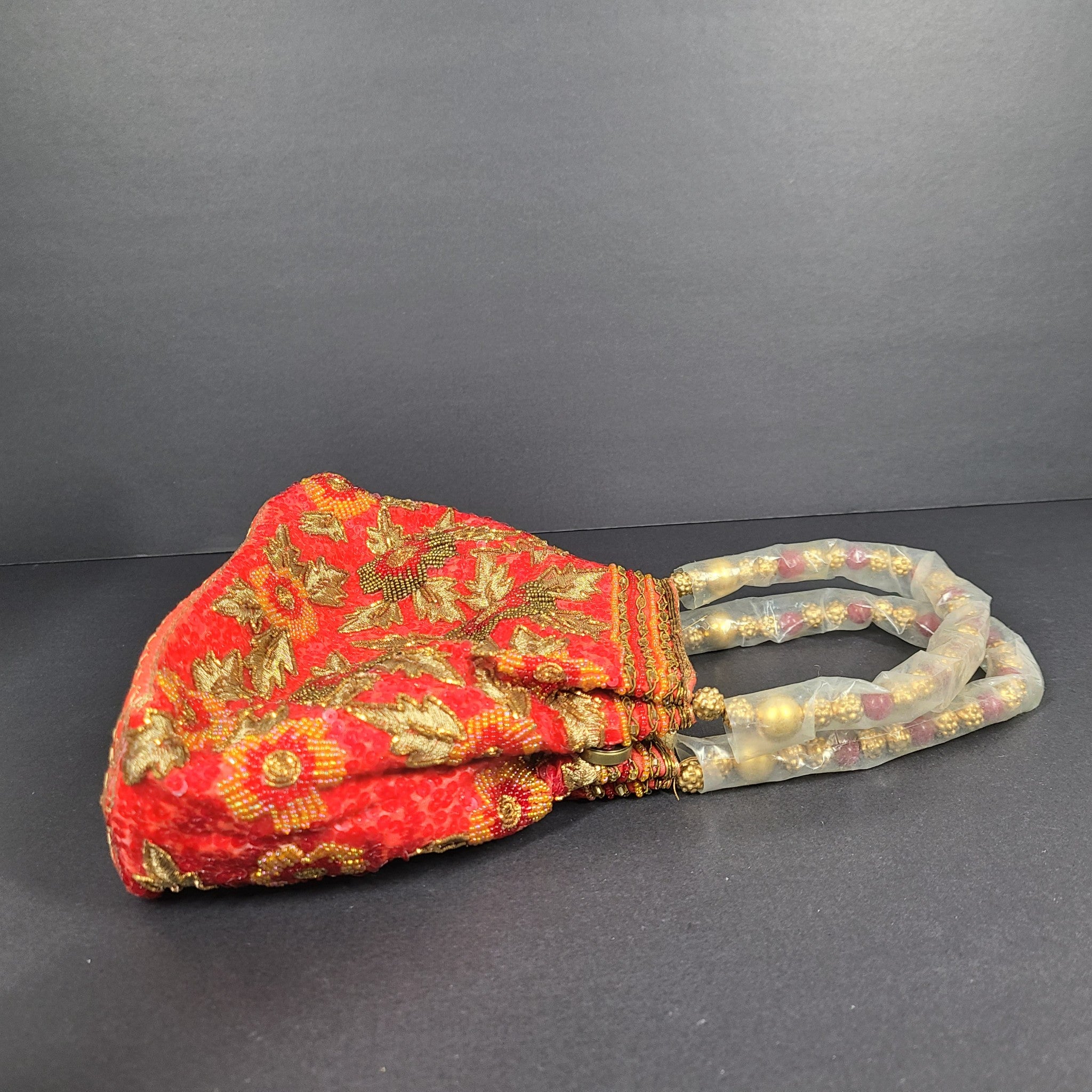 Indian Handmade Embroidered Clutch Purse Potli Bag Pouch w/ Handles Red Gold