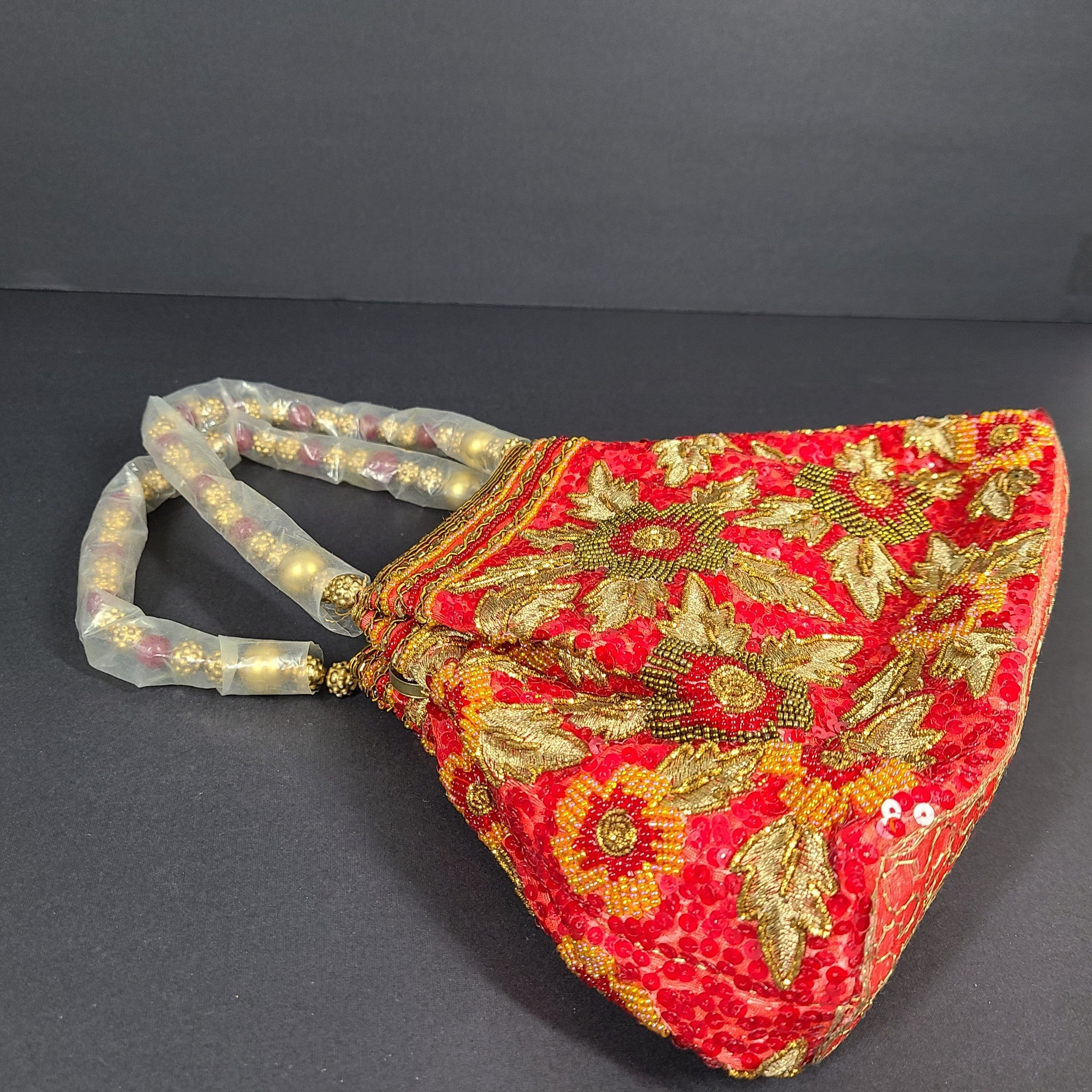 Indian Handmade Embroidered Clutch Purse Potli Bag Pouch w/ Handles Red Gold