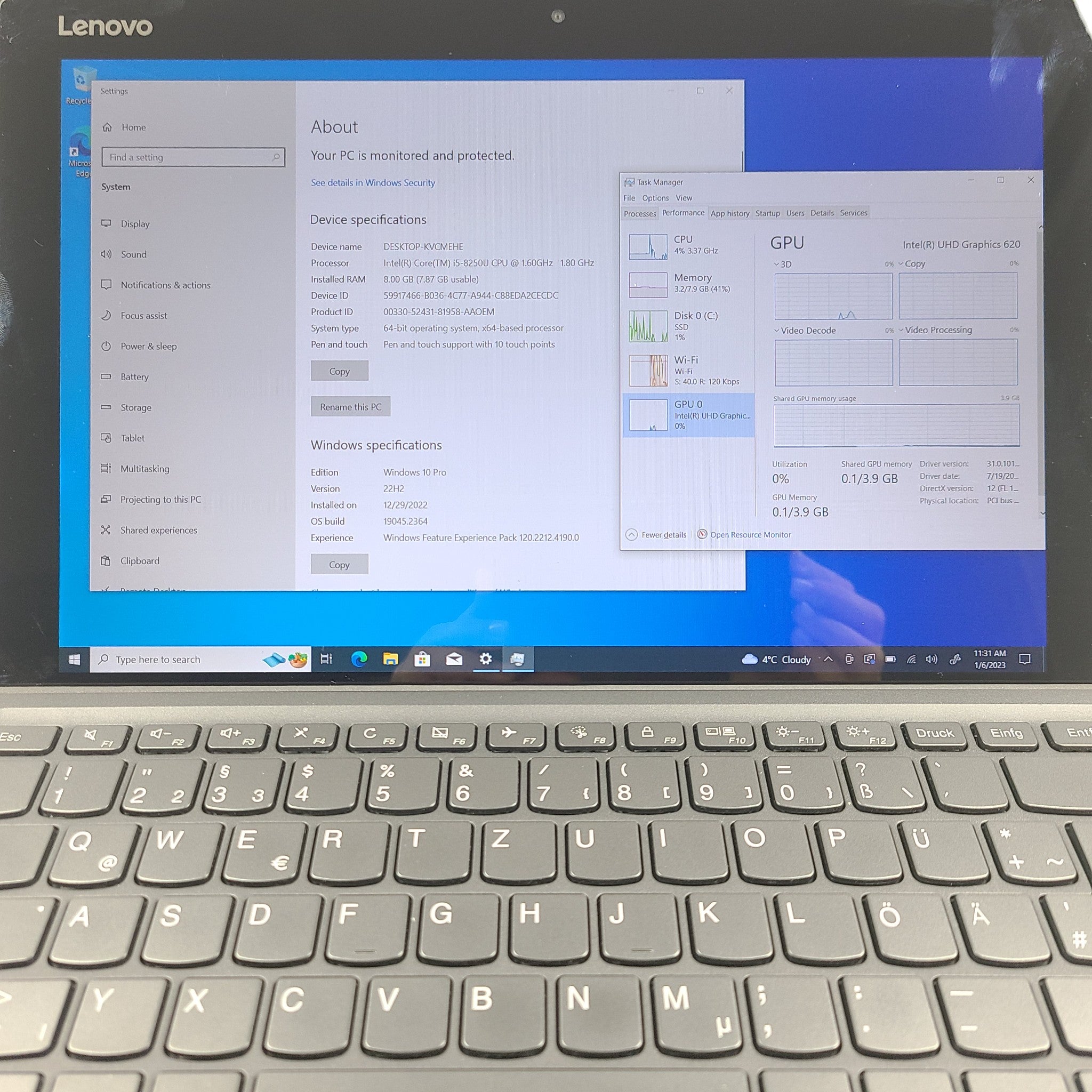 Lenovo 2-in-1 Ideapad Miix 520 12" i5-8250U 1.80GHz 8GB 250GB NVMe SSD QWERTZ KB