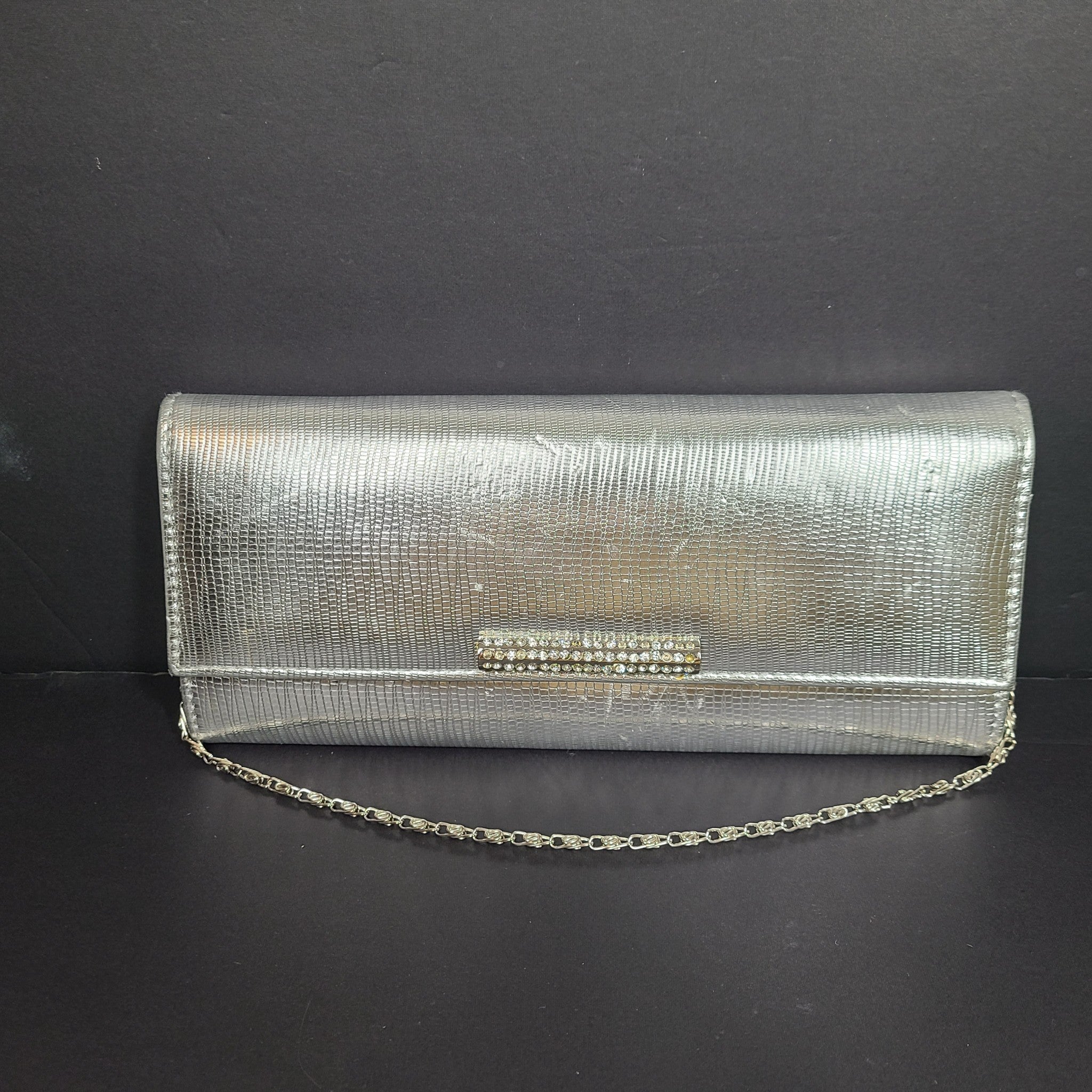 Aldo Women's Silver Baguette Clutch Evening Bag Purse w/ Shoulder Strap