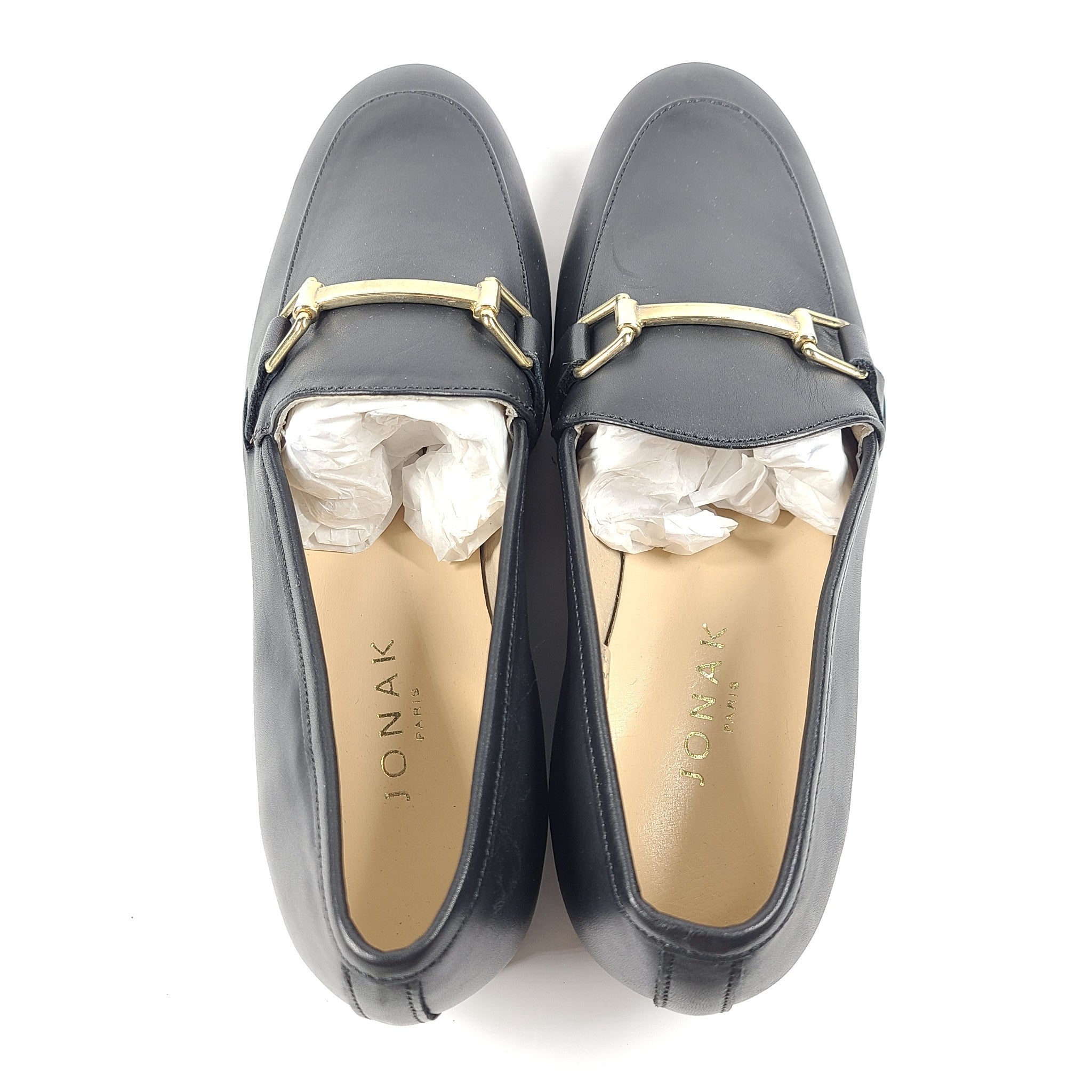 Jonak Paris Women's Sempre Black Leather Loafers Moccasins w/ Gold Buckle US 6