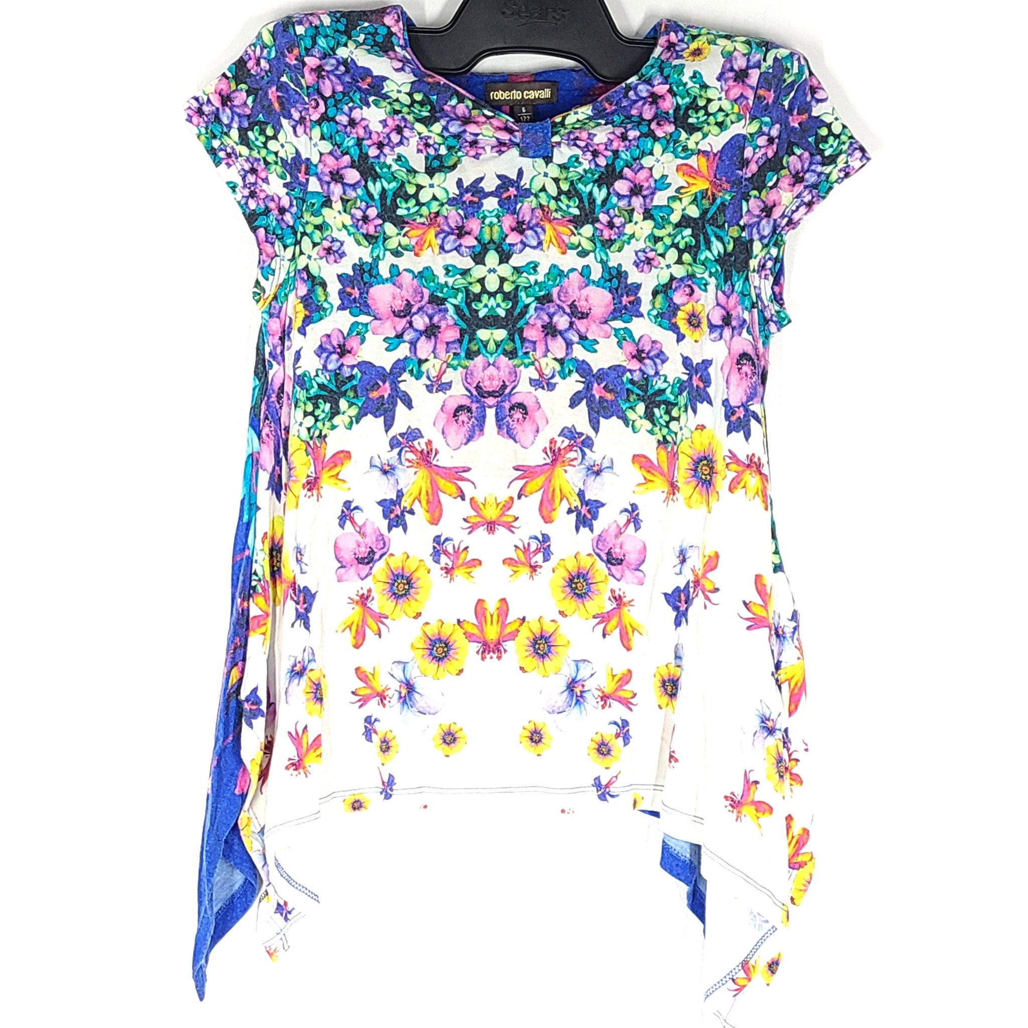 Roberto Cavalli Girls' Floral Print Tunic T-Shirt Blue Sz 6 Y