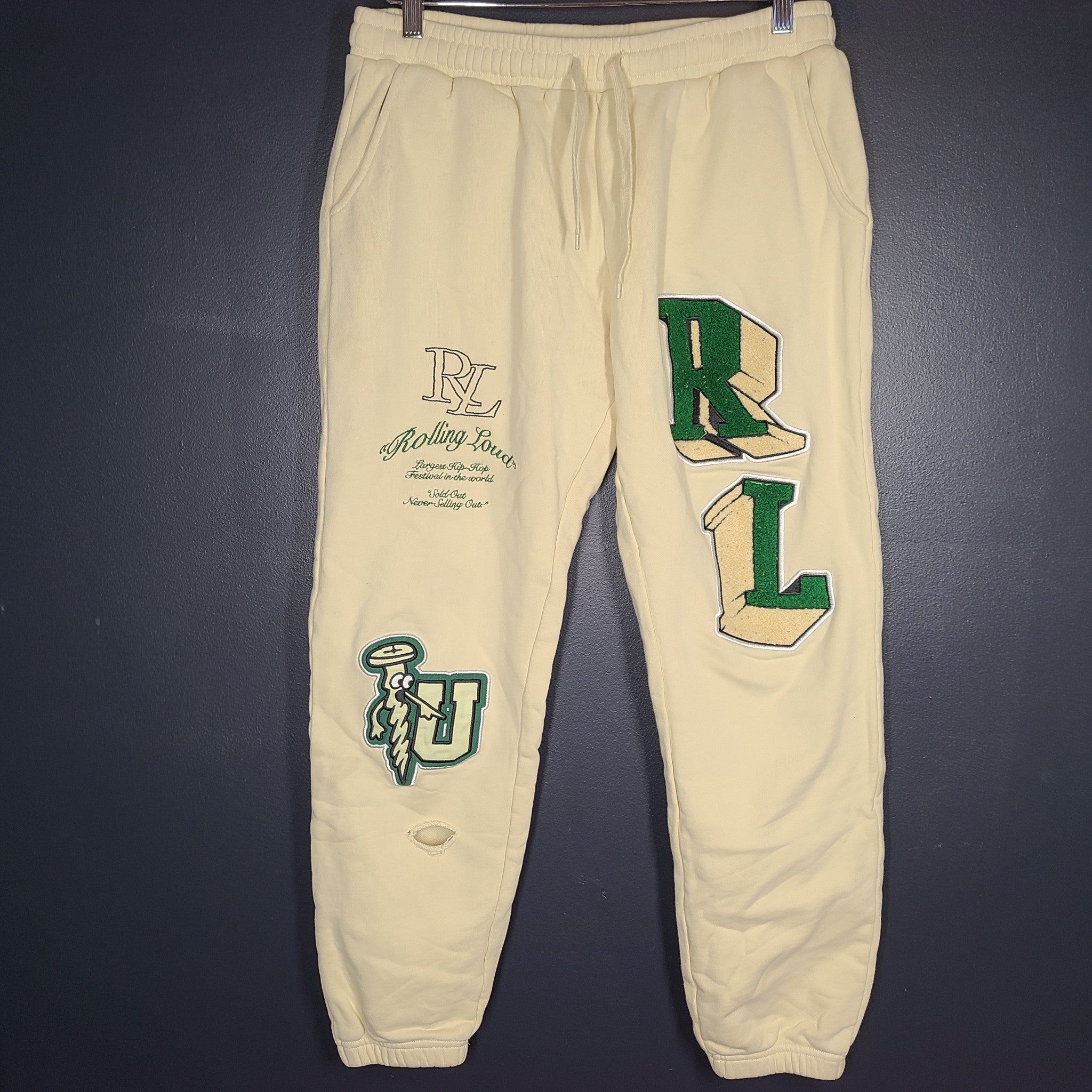 Rolling Loud Men's Sweatpants Joggers Beige with Embroidery Sz L