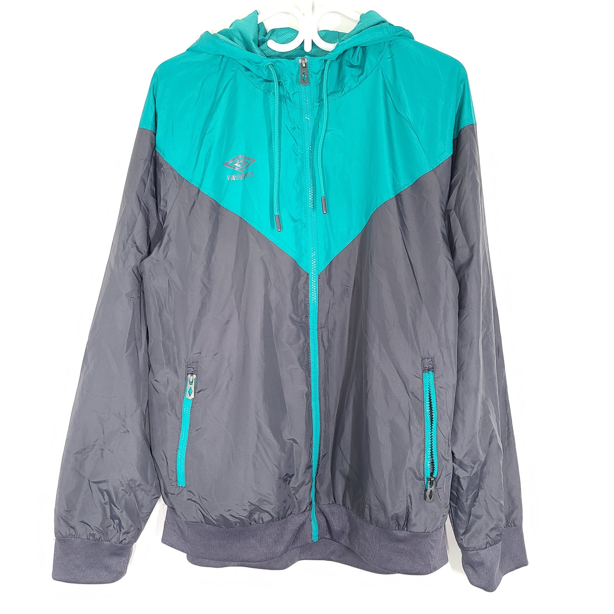 Umbro Men's Retro Windbreaker Track Jacket Hooded Teal Gray Sz L