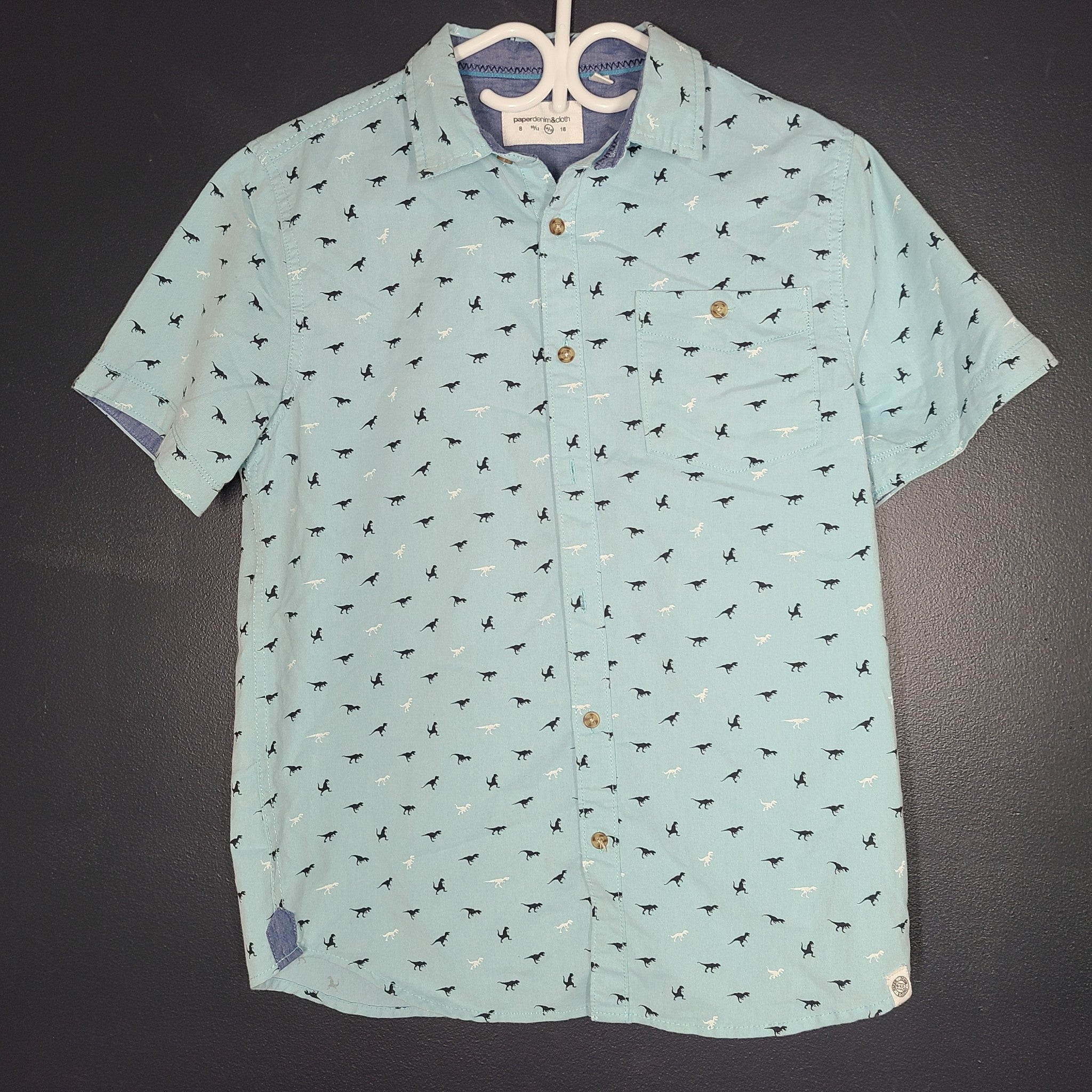 Paper Denim & Cloth Boys' Teens' Short Sleeve Buttoned Shirt T-Rex Blue 14/16