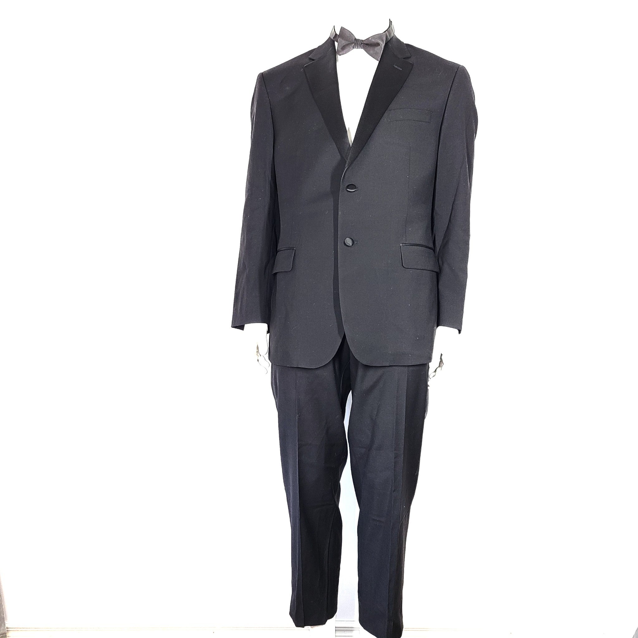 Pronto Uomo Tuxedo Jacket & Pants Black + Bow Tie + Cummerbund Sz 44R / 38 Waist