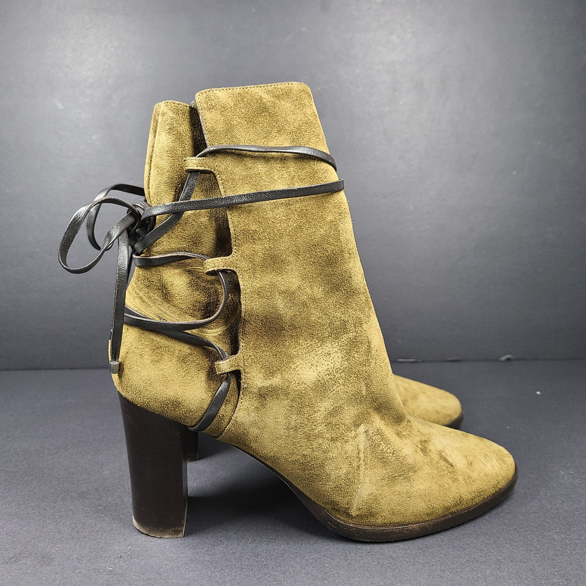 Jimmy Choo Hampton 80 Women's Block Heel Booties Suede Olive Sz 8 Made in Italy