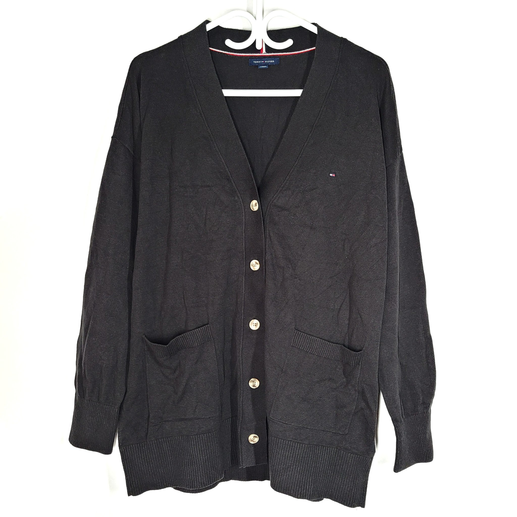 Tommy Hilfiger Women's Cardigan Lightweight Knit Button Jacket V Neck Black Sz L
