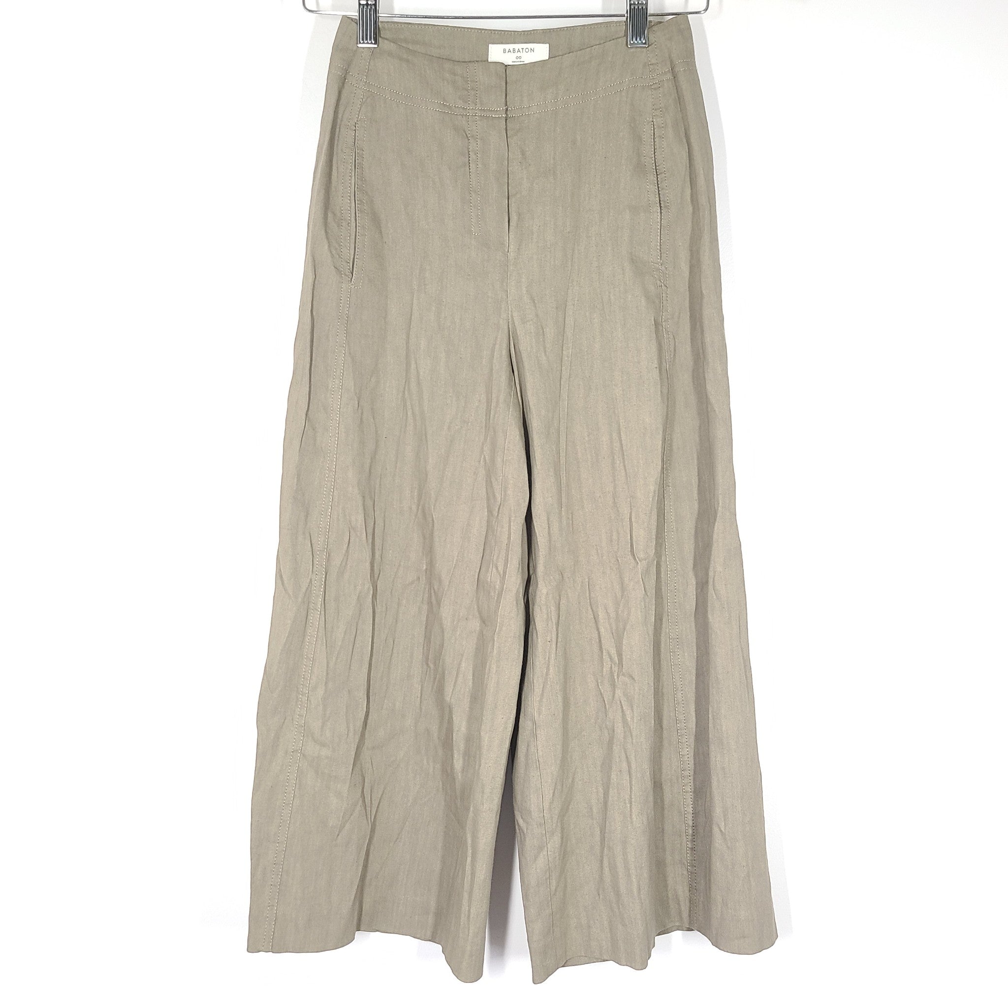 Babaton Wide Leg Cropped Linen Pants High Rise Khaki Sz 00