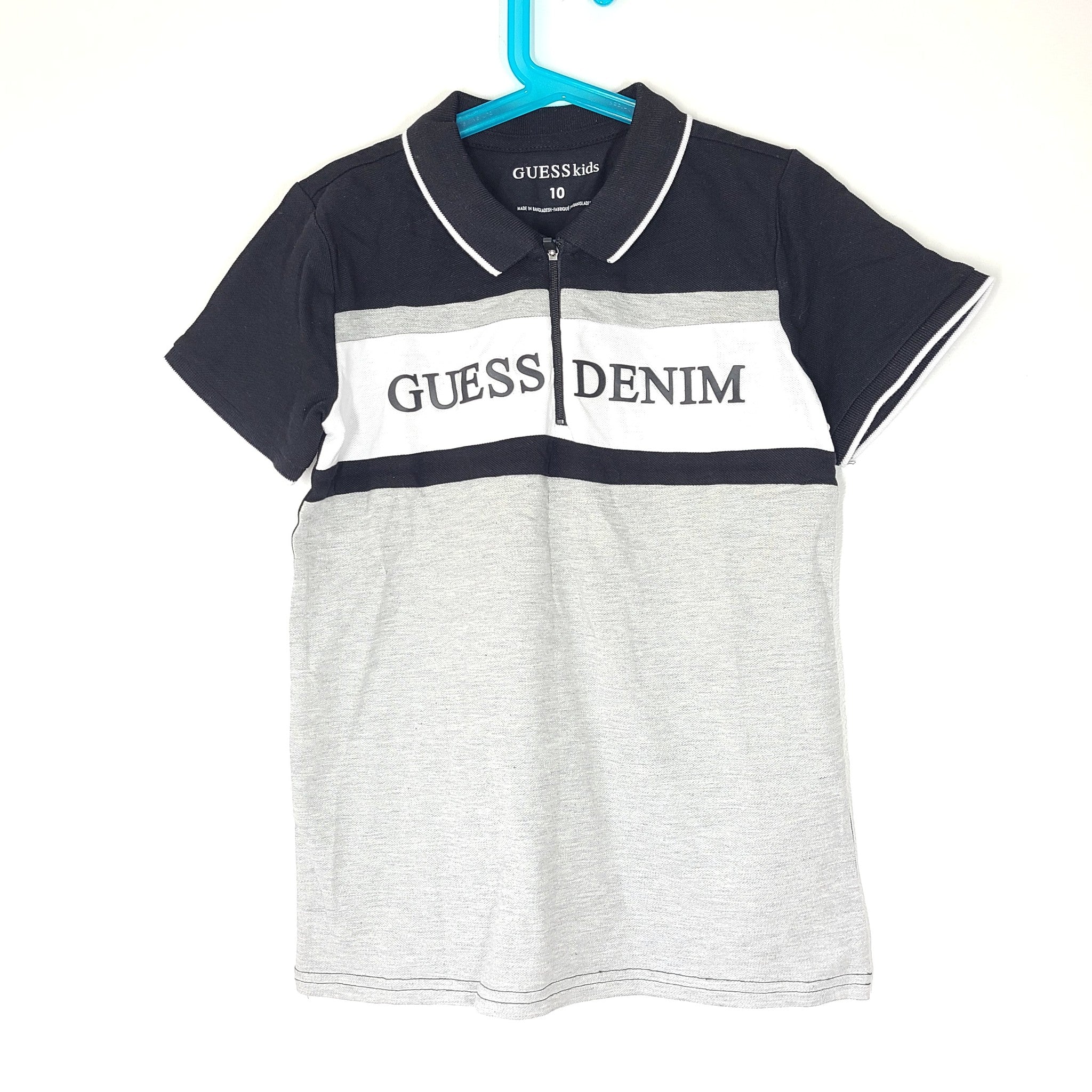 Guess Denim Kids' Polo Shirt Logo Quarter Zip Black Gray Sz 10