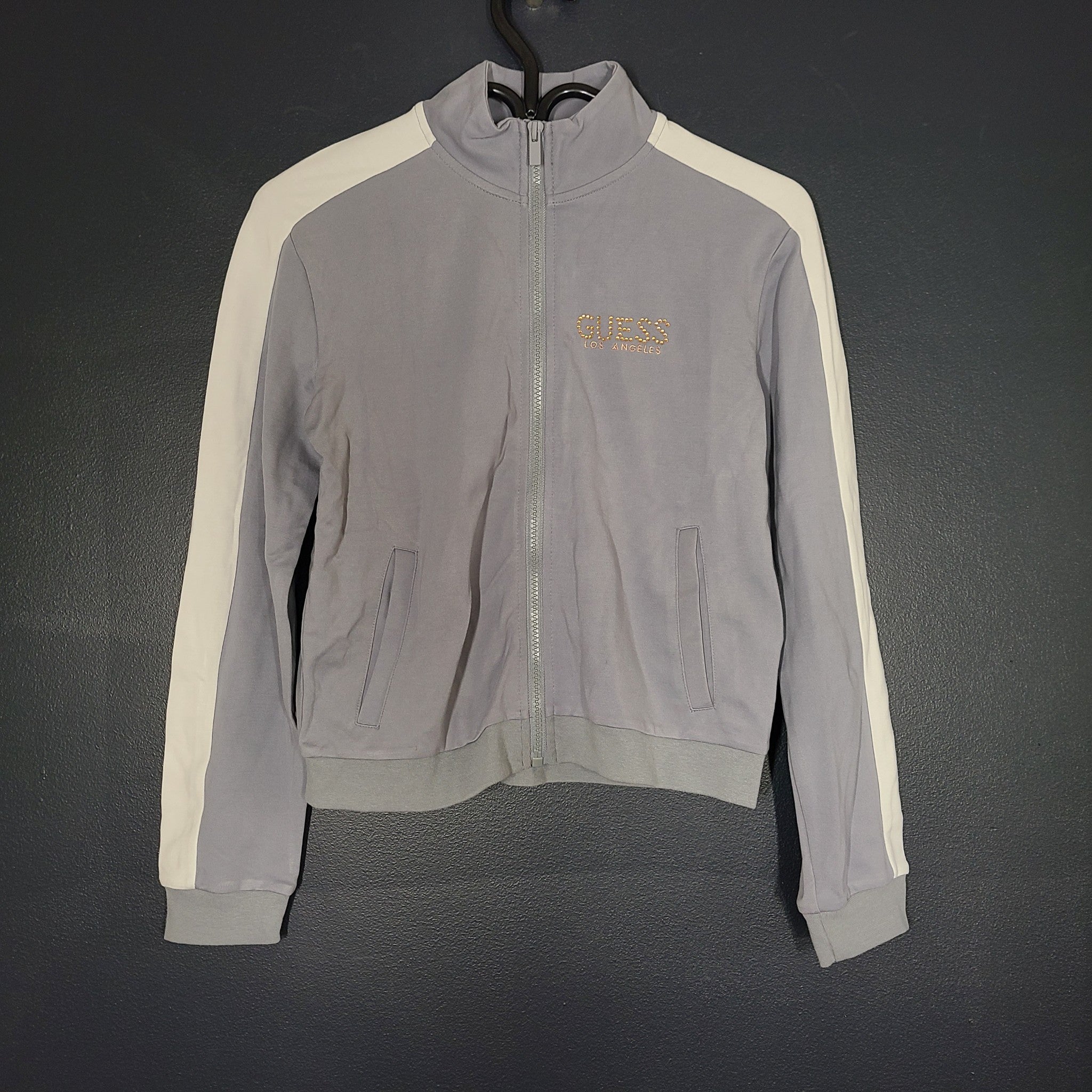Guess Girl's Track Jacket Full Zip Sweater Gray Rhinestone Logo Sz 12