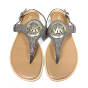 Michael Kors Aubrey Charm T-Strap Thong Sandals Coated Canvas Brown Gold Sz 7.5