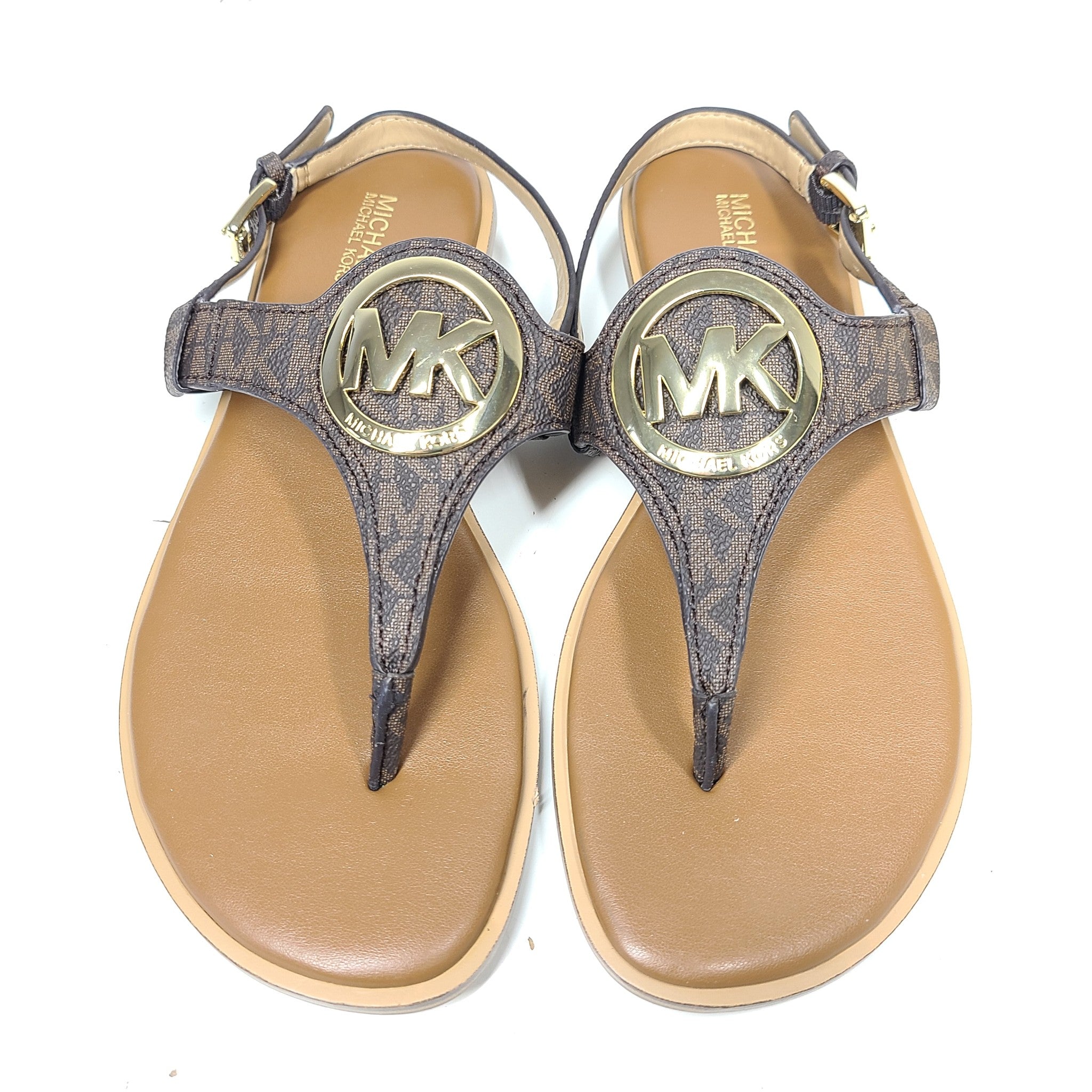Michael Kors Aubrey Charm T-Strap Thong Sandals Coated Canvas Brown Gold Sz 7.5