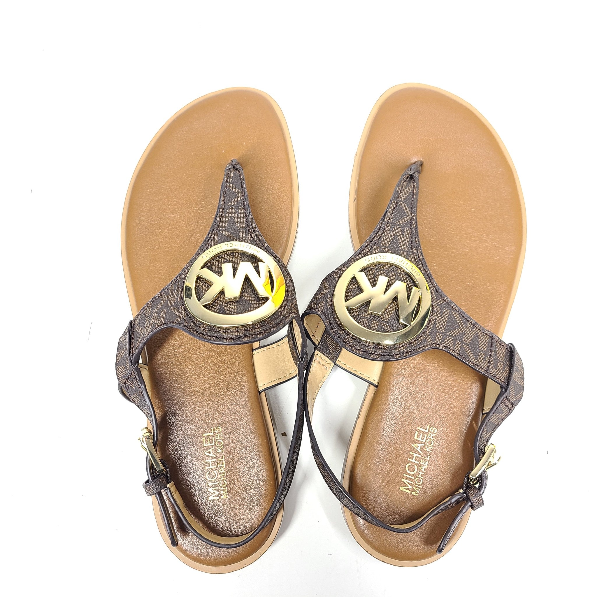 Michael Kors Aubrey Charm T-Strap Thong Sandals Coated Canvas Brown Gold Sz 7.5