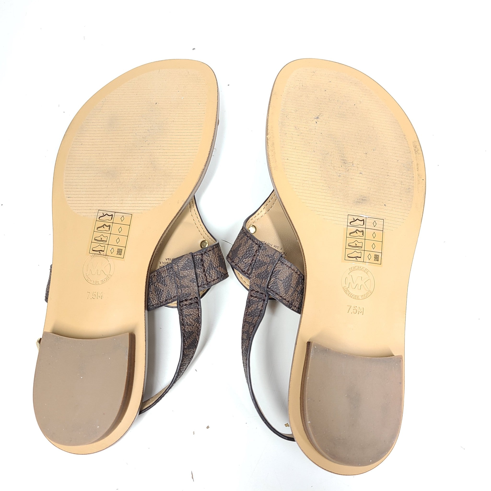 Michael Kors Aubrey Charm T-Strap Thong Sandals Coated Canvas Brown Gold Sz 7.5