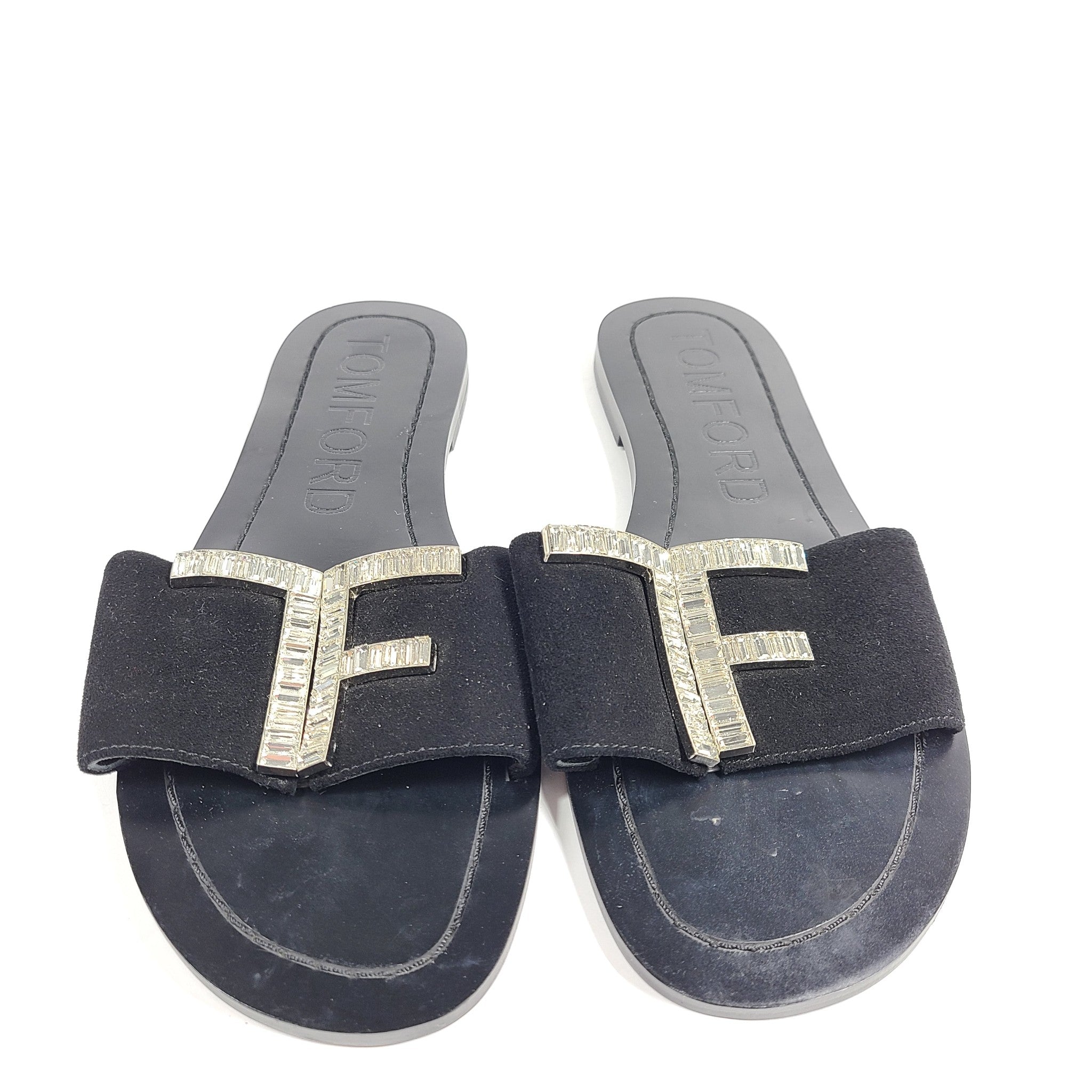 Tom Ford TF Logo Sandals Slides Black Leather Microsuede US 7.5