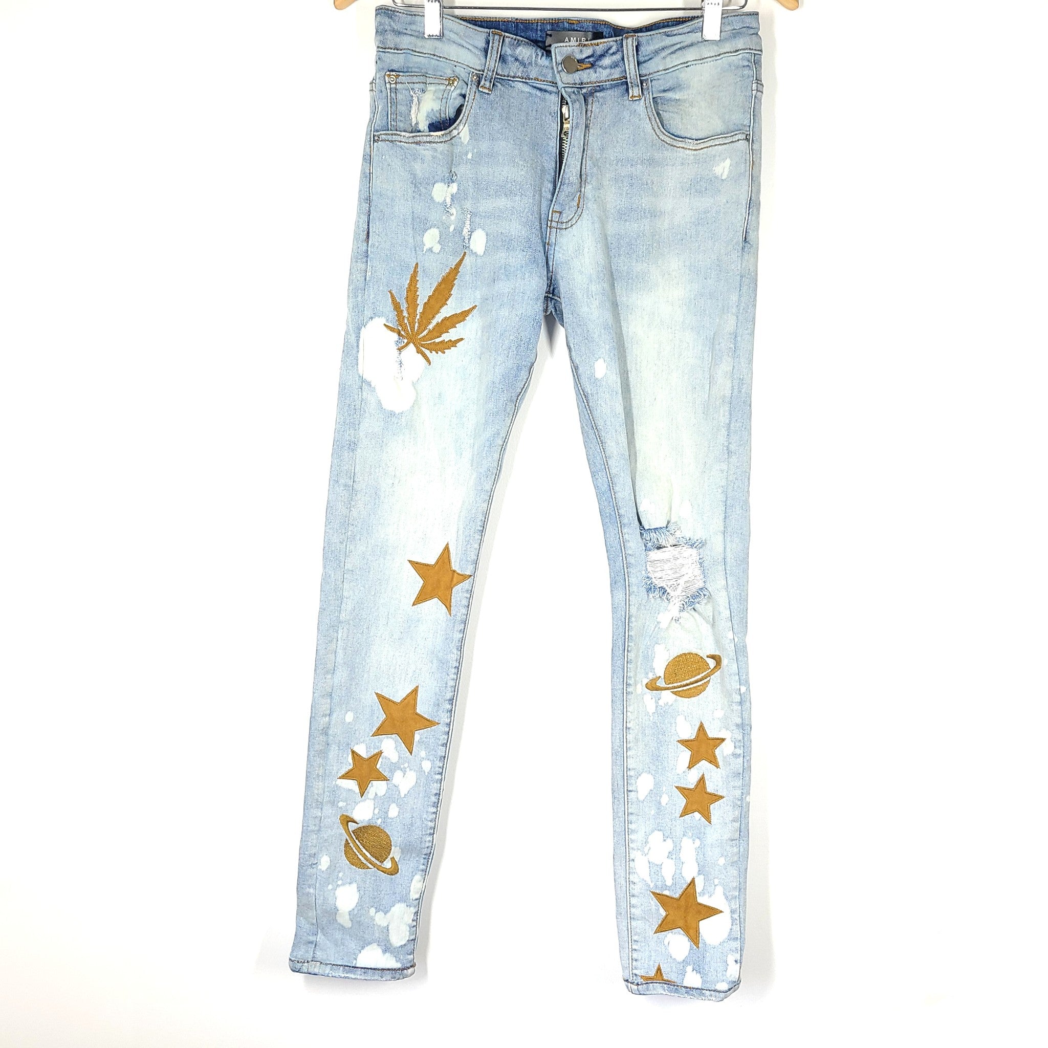 AMIRI Men's Light Indigo Planet & Star Weed Jeans Skinny Distressed Sz 30