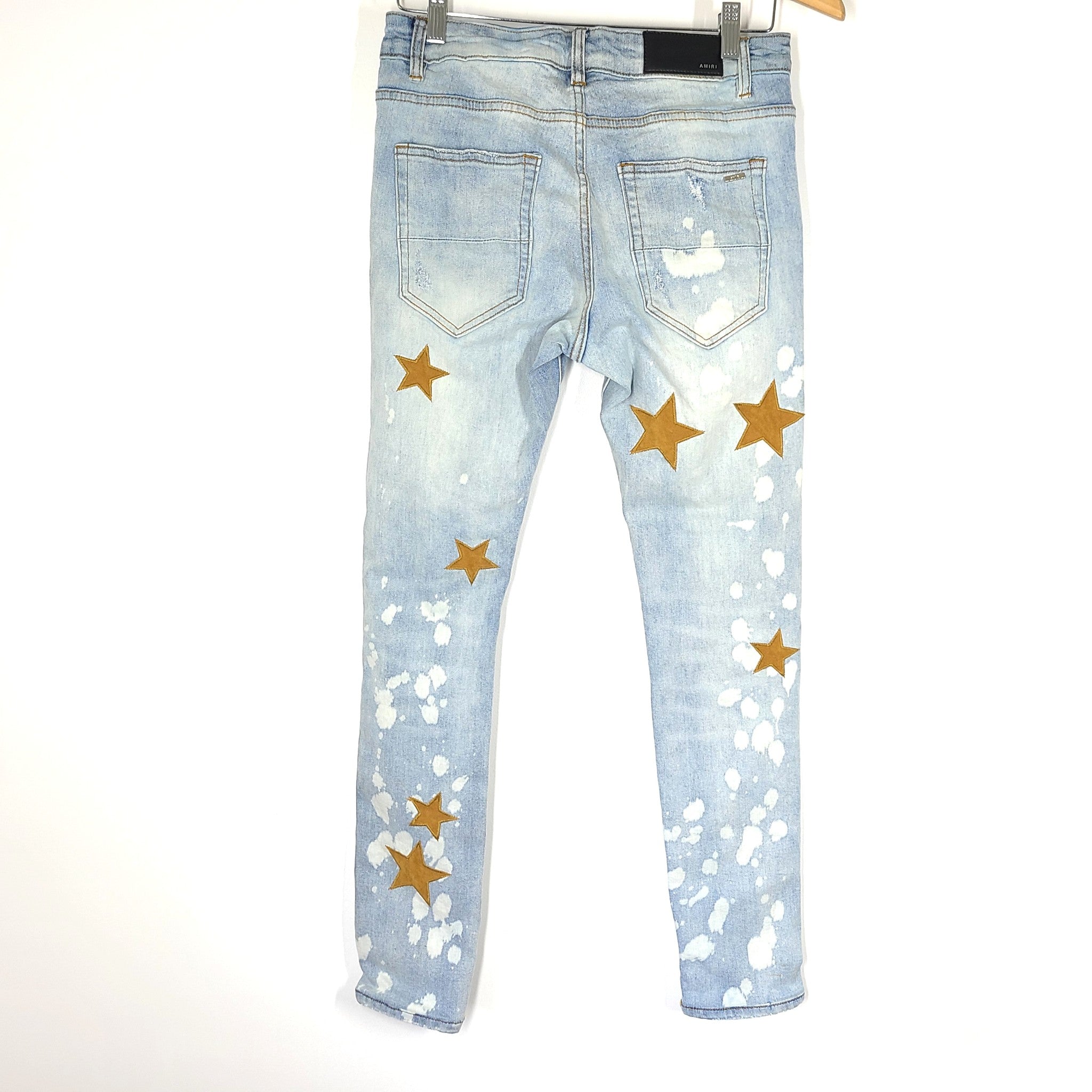 AMIRI Men's Light Indigo Planet & Star Weed Jeans Skinny Distressed Sz 30