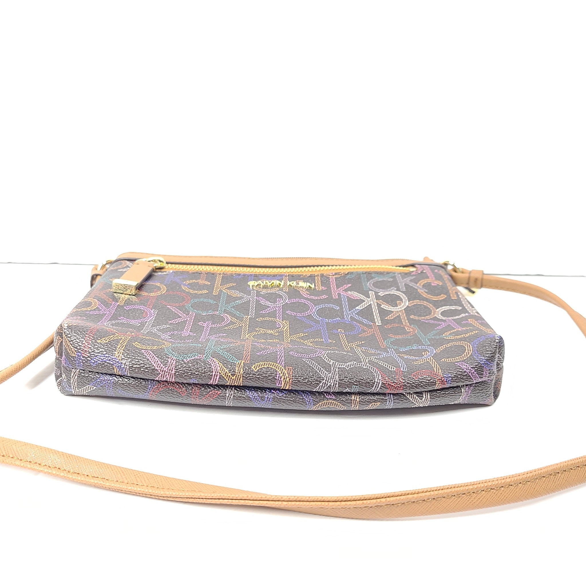 Calvin Klein Monogram Logo Zip Top Swing Bag Crossbody Brown Multicolor Logo