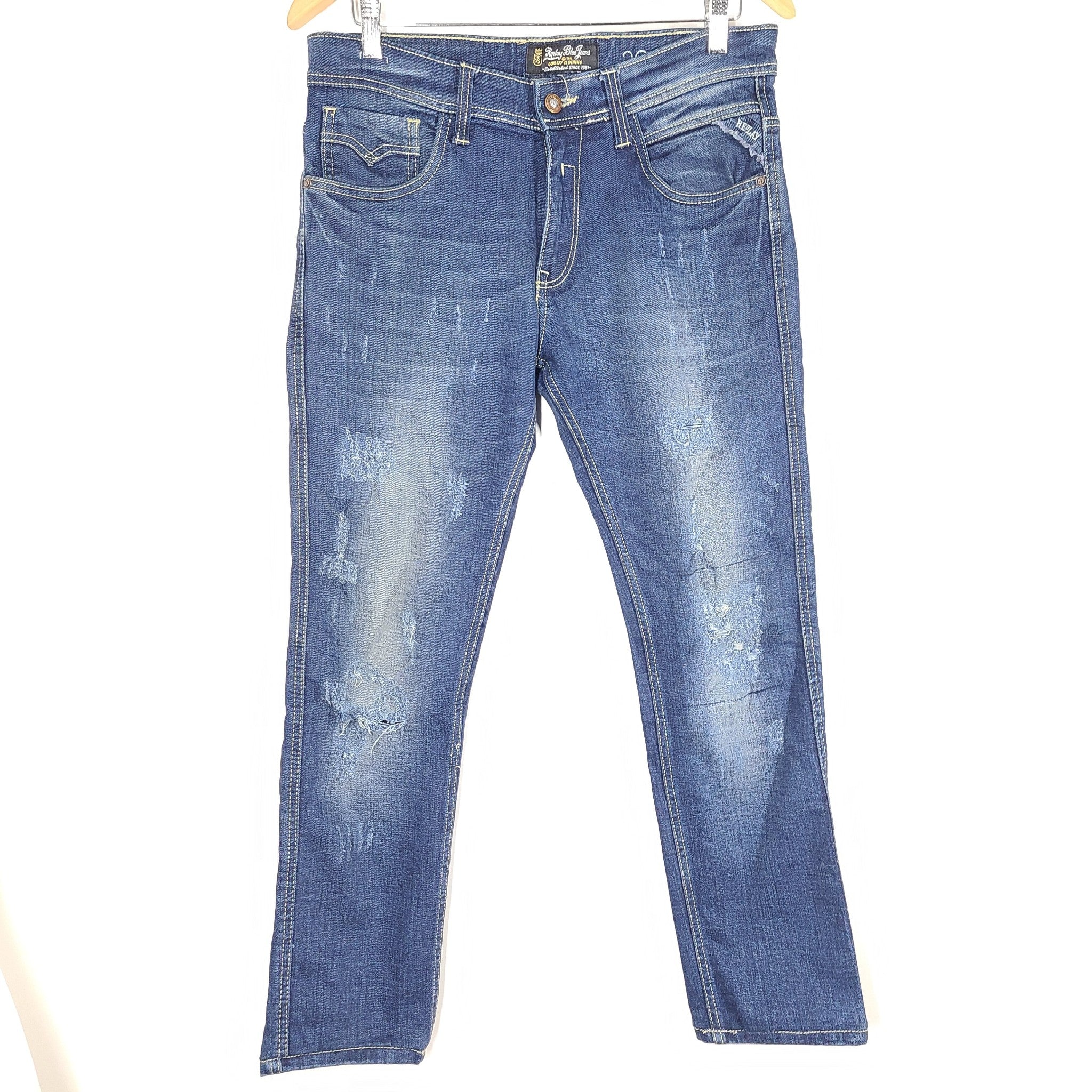 Replay Men's Anbass Slim Fit Distressed Jeans Medium Wash Sz 32