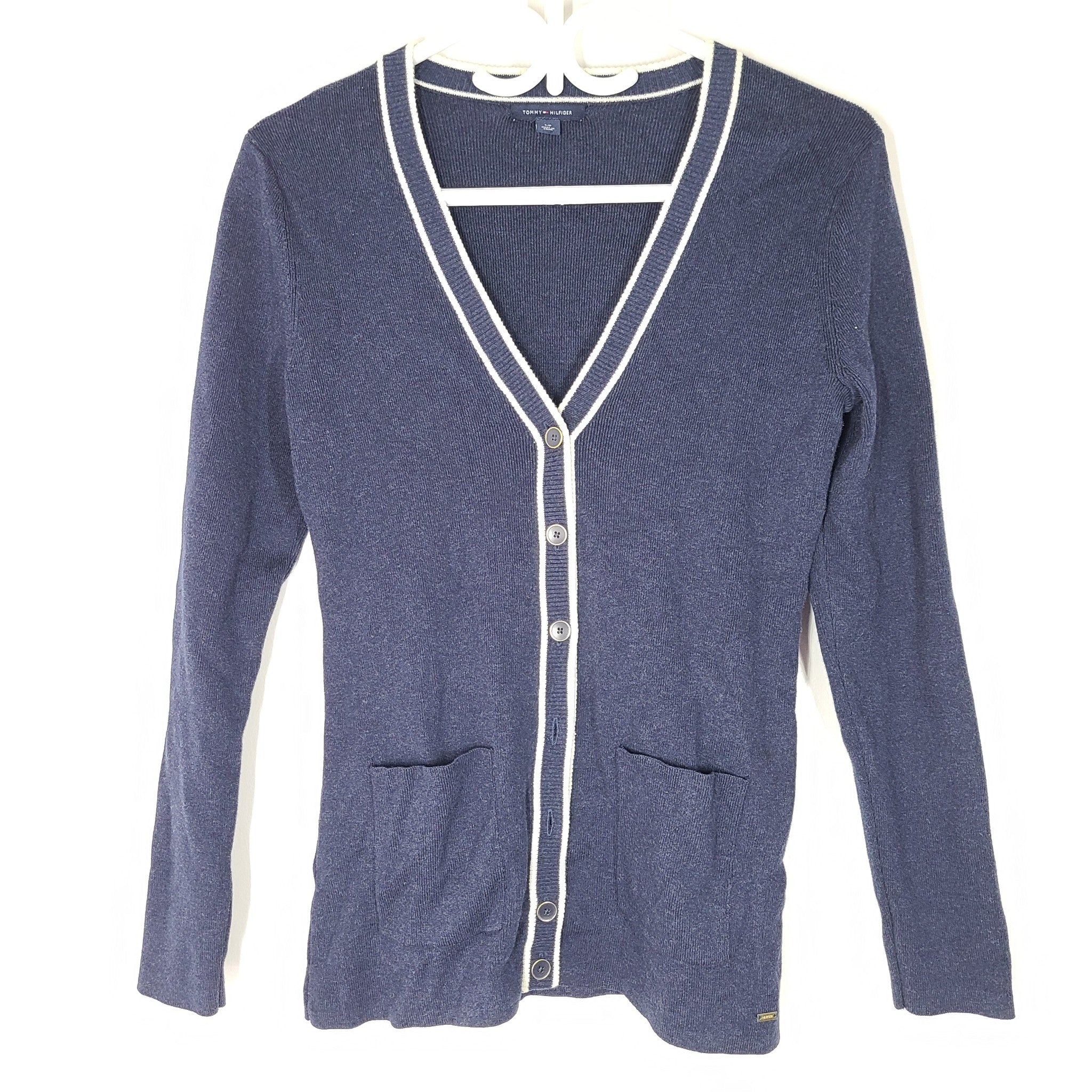 Tommy Hilfiger Women's V-Neck Button Down Sweater Vest Cardigan Navy Blue Sz S