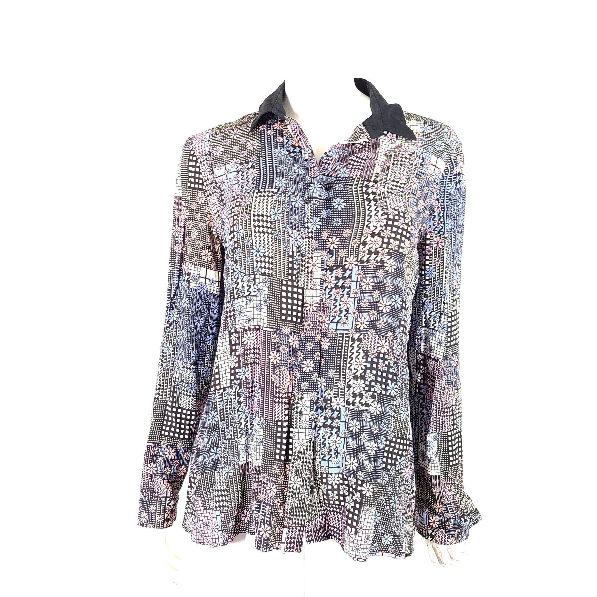 Versace Multicolor Blouse Abstract Printed Silk Long Sleeve Shirt Sz 10
