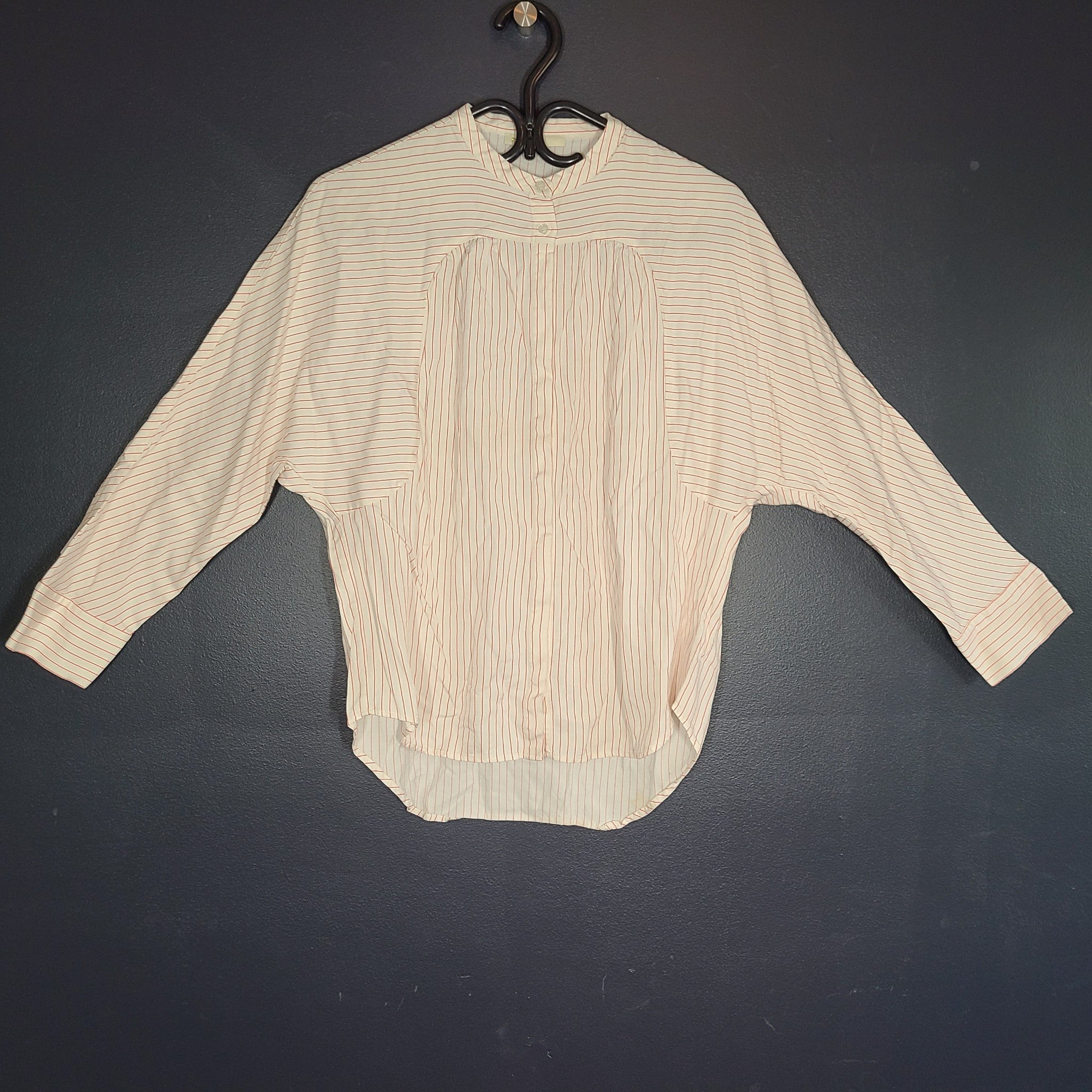Maje Women's Coquette Shirt Buttoned White w/ Red Stripes Mandarin Collar Sz 2