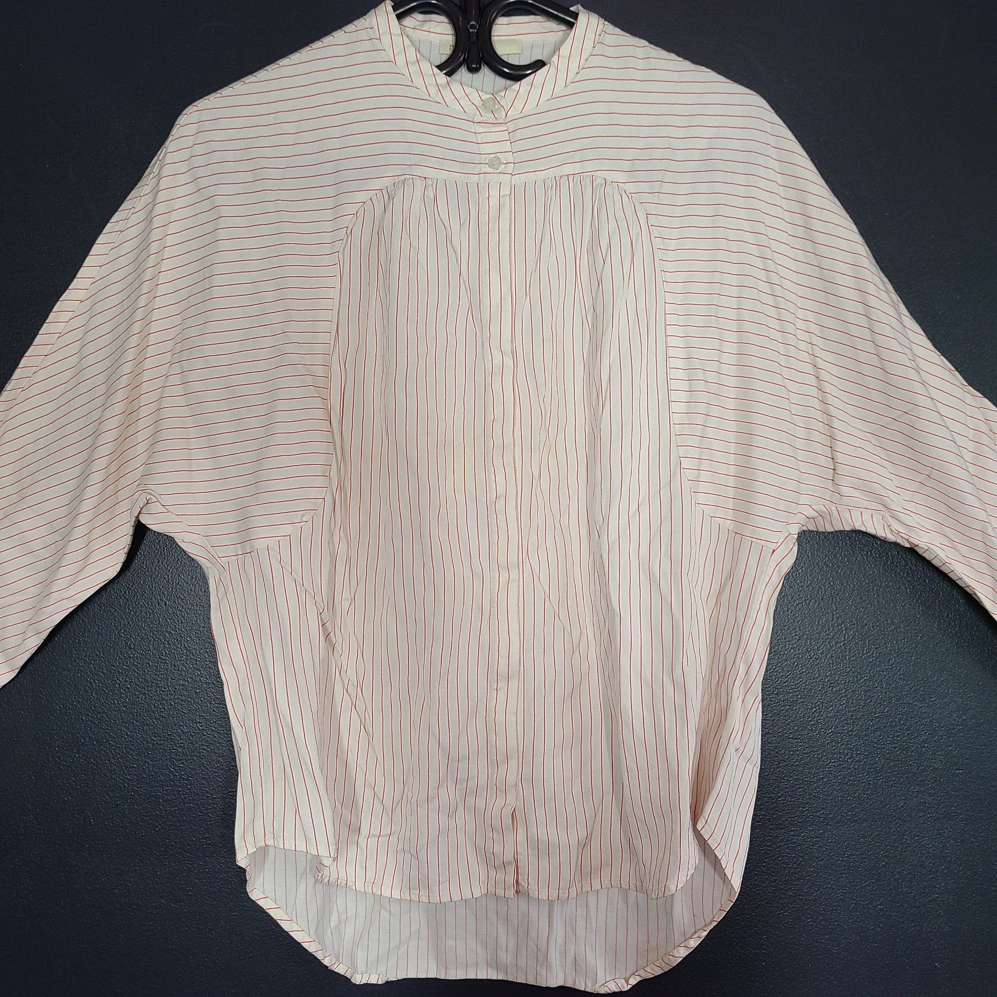 Maje Women's Coquette Shirt Buttoned White w/ Red Stripes Mandarin Collar Sz 2