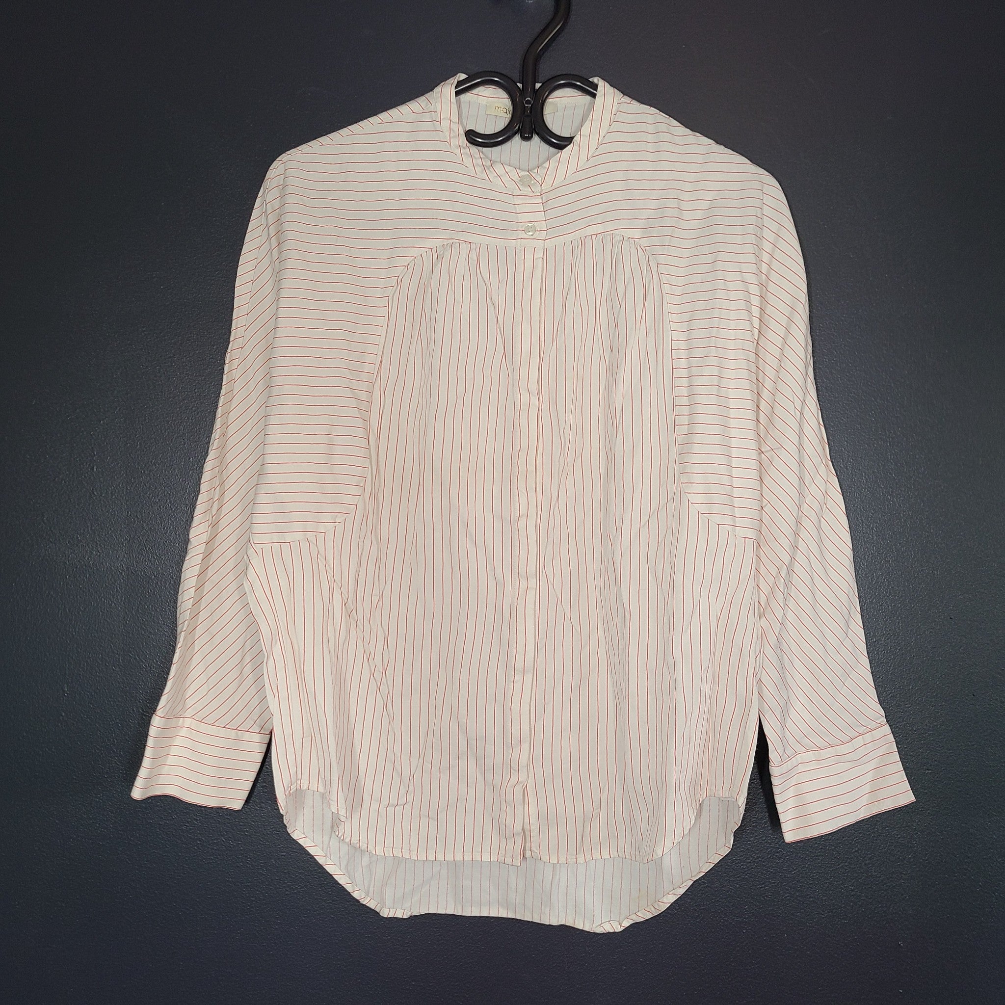 Maje Women's Coquette Shirt Buttoned White w/ Red Stripes Mandarin Collar Sz 2