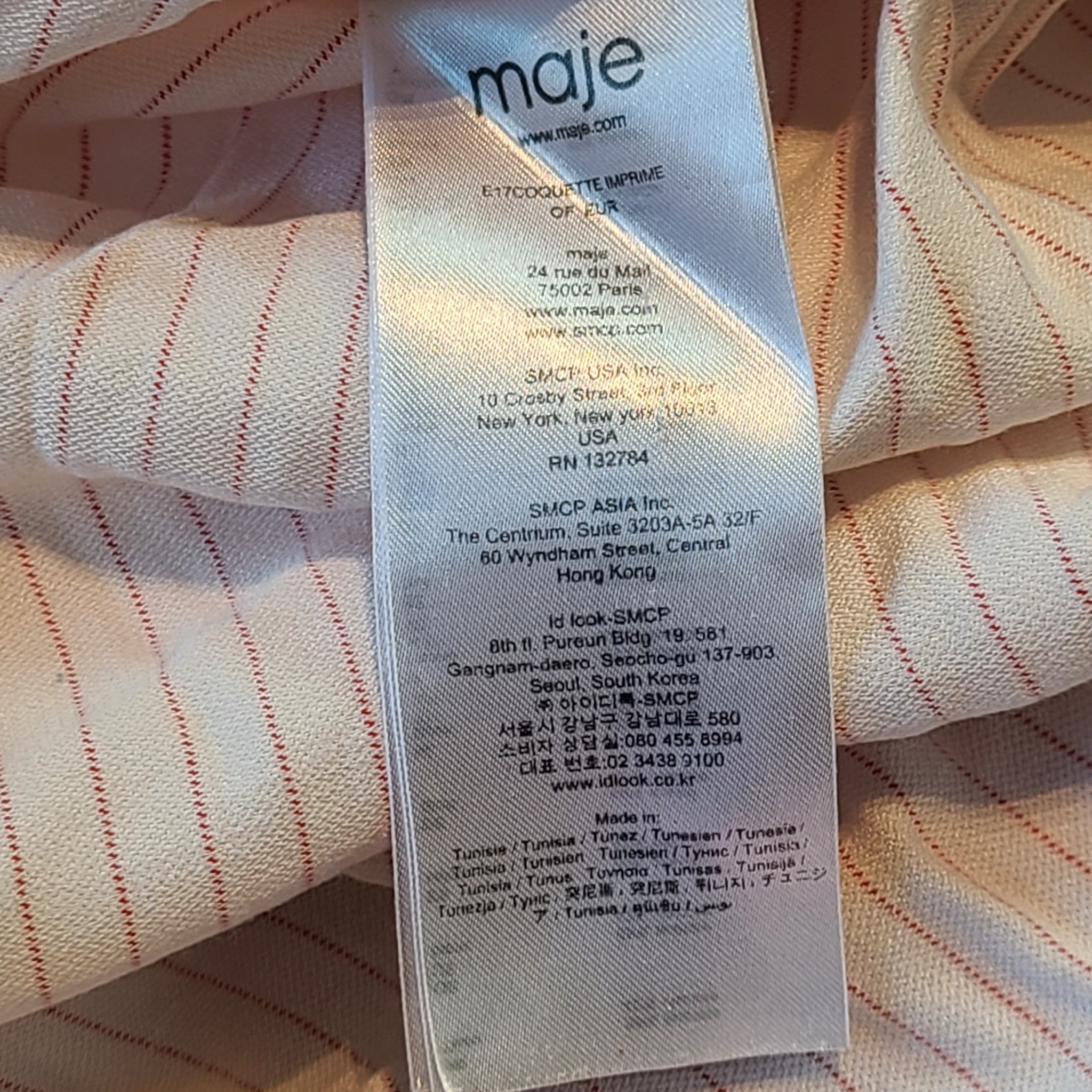 Maje Women's Coquette Shirt Buttoned White w/ Red Stripes Mandarin Collar Sz 2