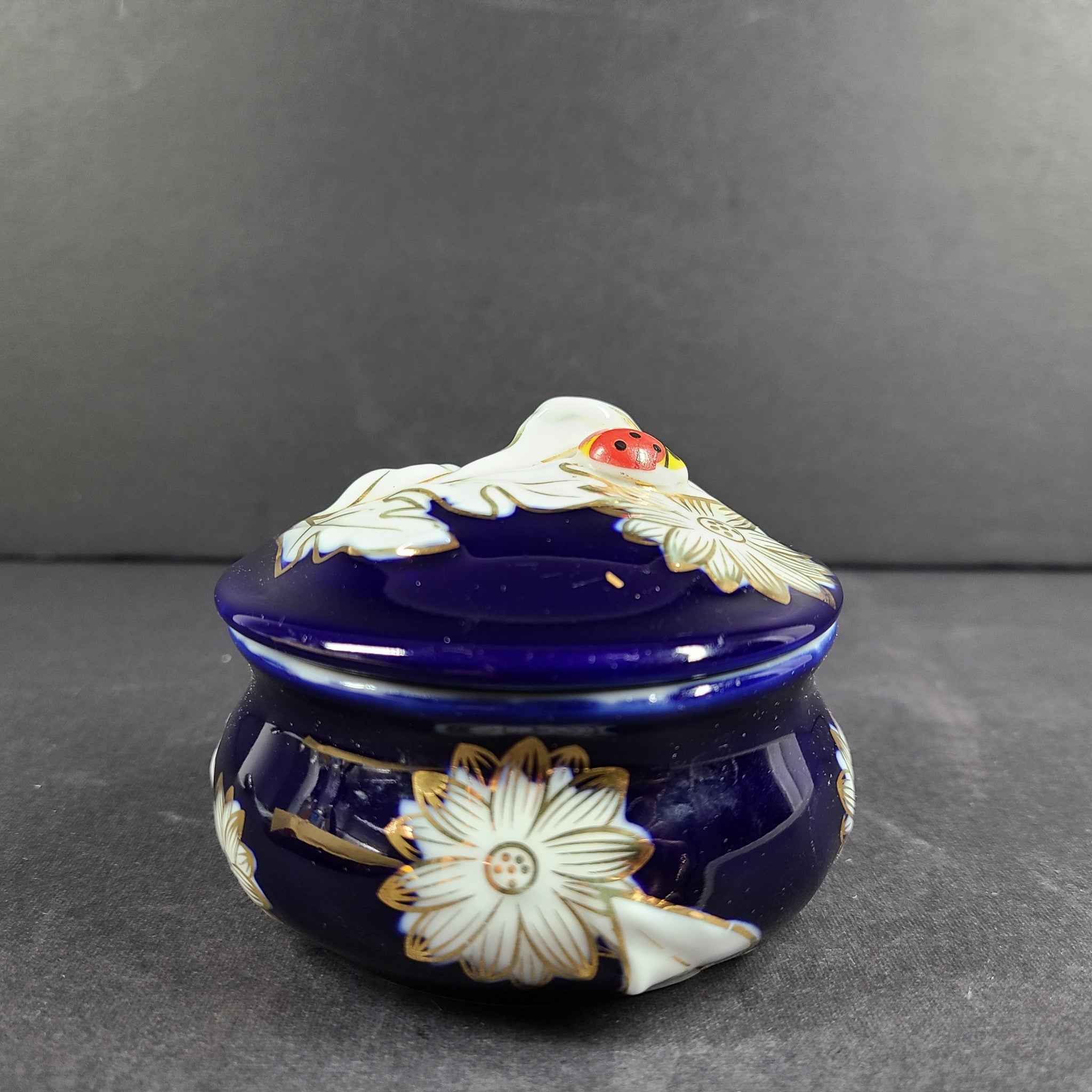 Vintage Original Kobalt Germany Porcelain Jewelry Trinket Box Blue w/ Ladybug