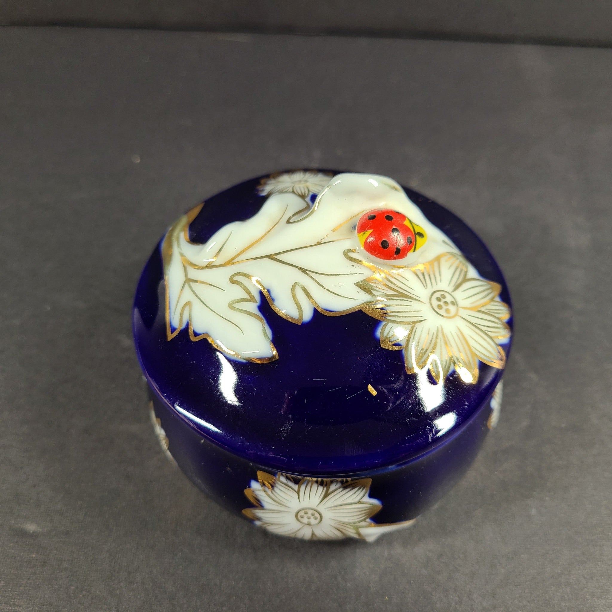 Vintage Original Kobalt Germany Porcelain Jewelry Trinket Box Blue w/ Ladybug