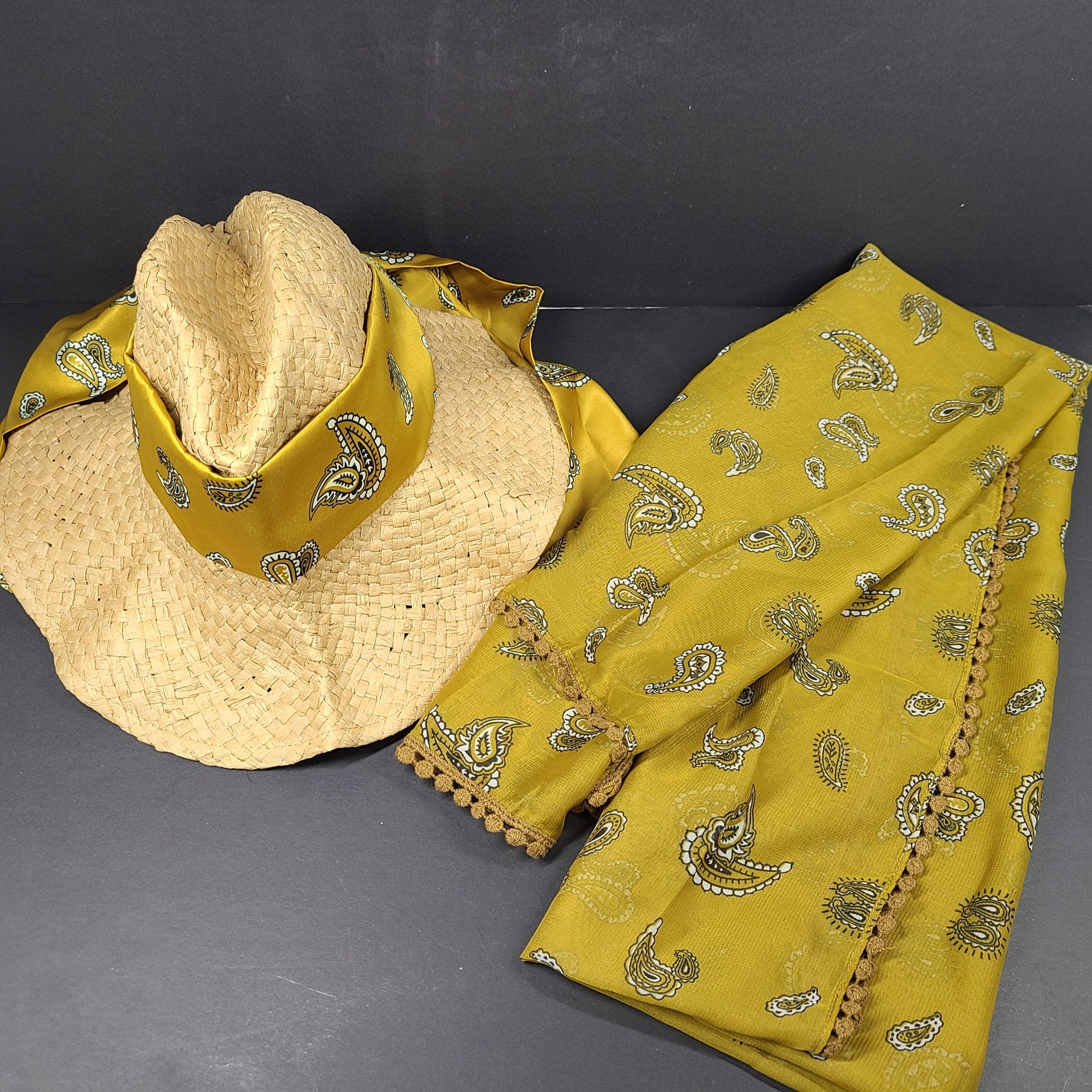 Steve Madden Straw Sun Hat & Pareo Set Mustard Yellow Paisley