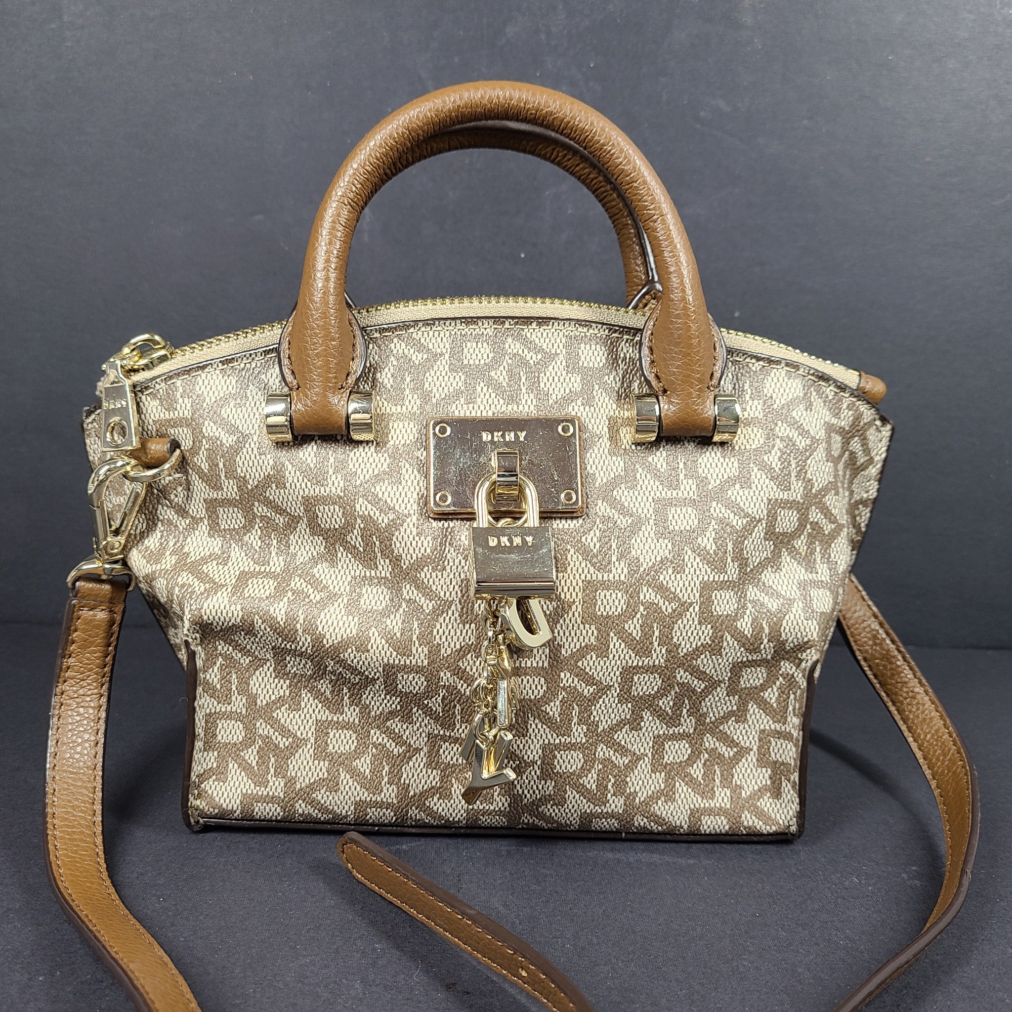 DKNY Elissa Small Leather/PVC Crossbody Satchel Handbag Monogram Logo Brown