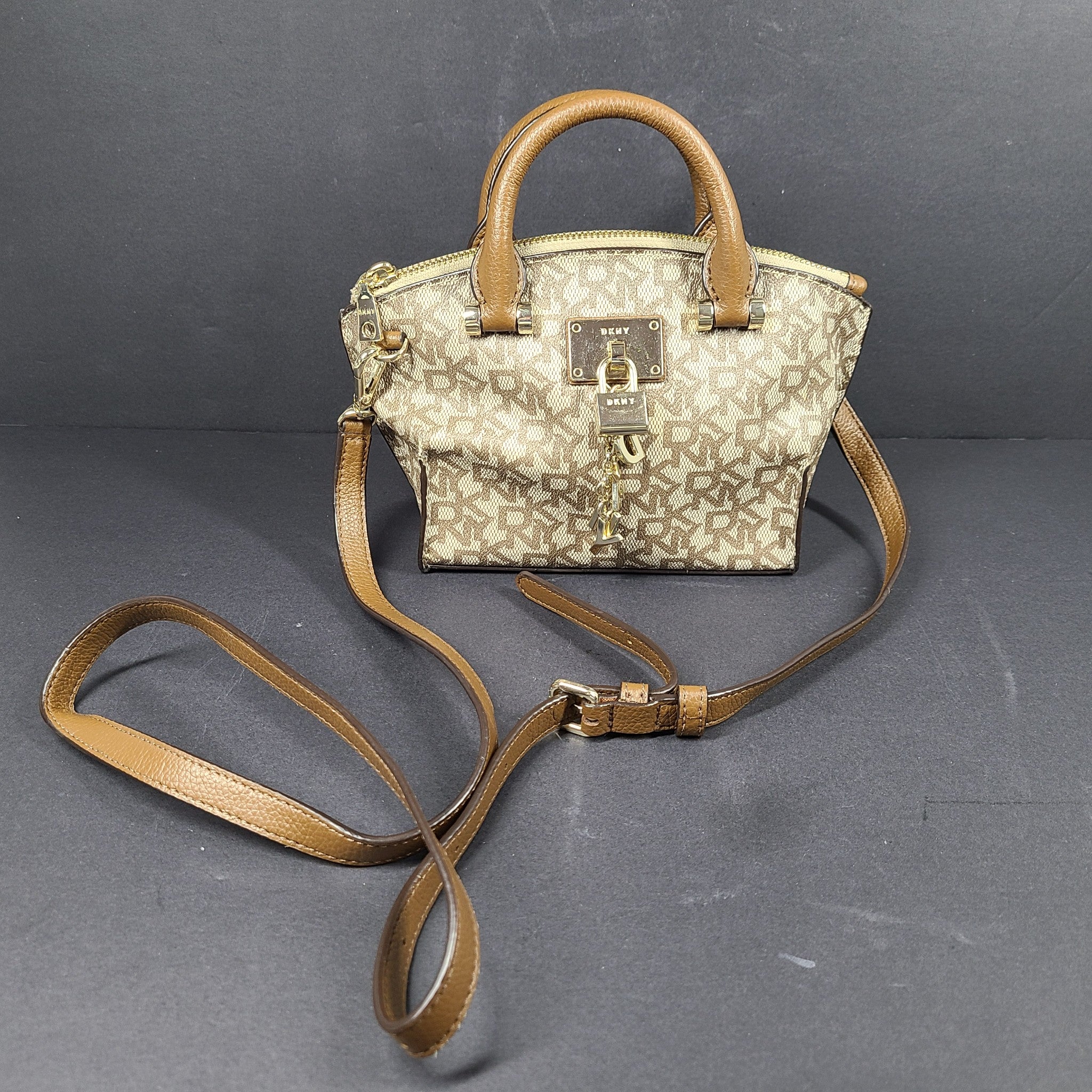 DKNY Elissa Small Leather/PVC Crossbody Satchel Handbag Monogram Logo Brown
