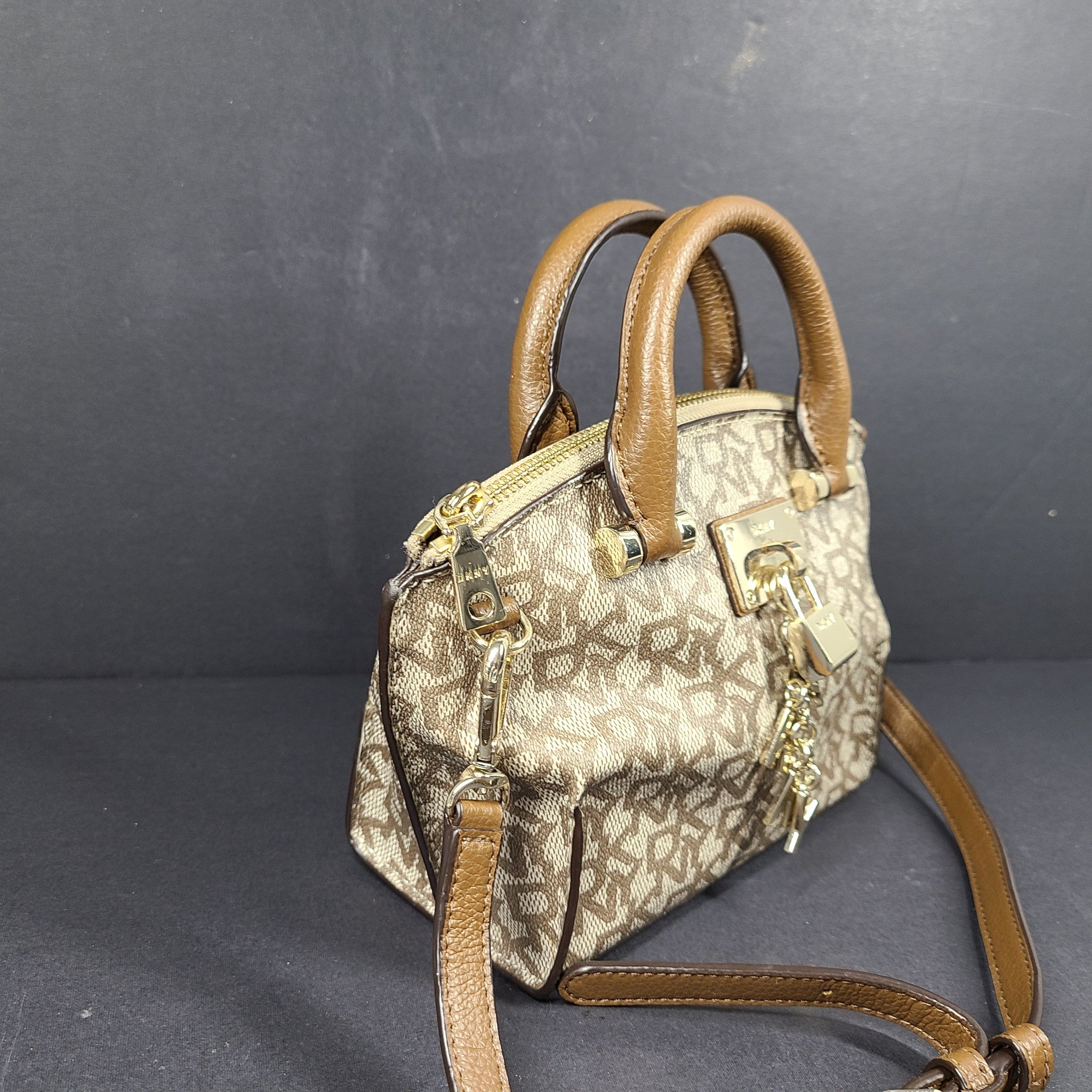 DKNY Elissa Small Leather/PVC Crossbody Satchel Handbag Monogram Logo Brown