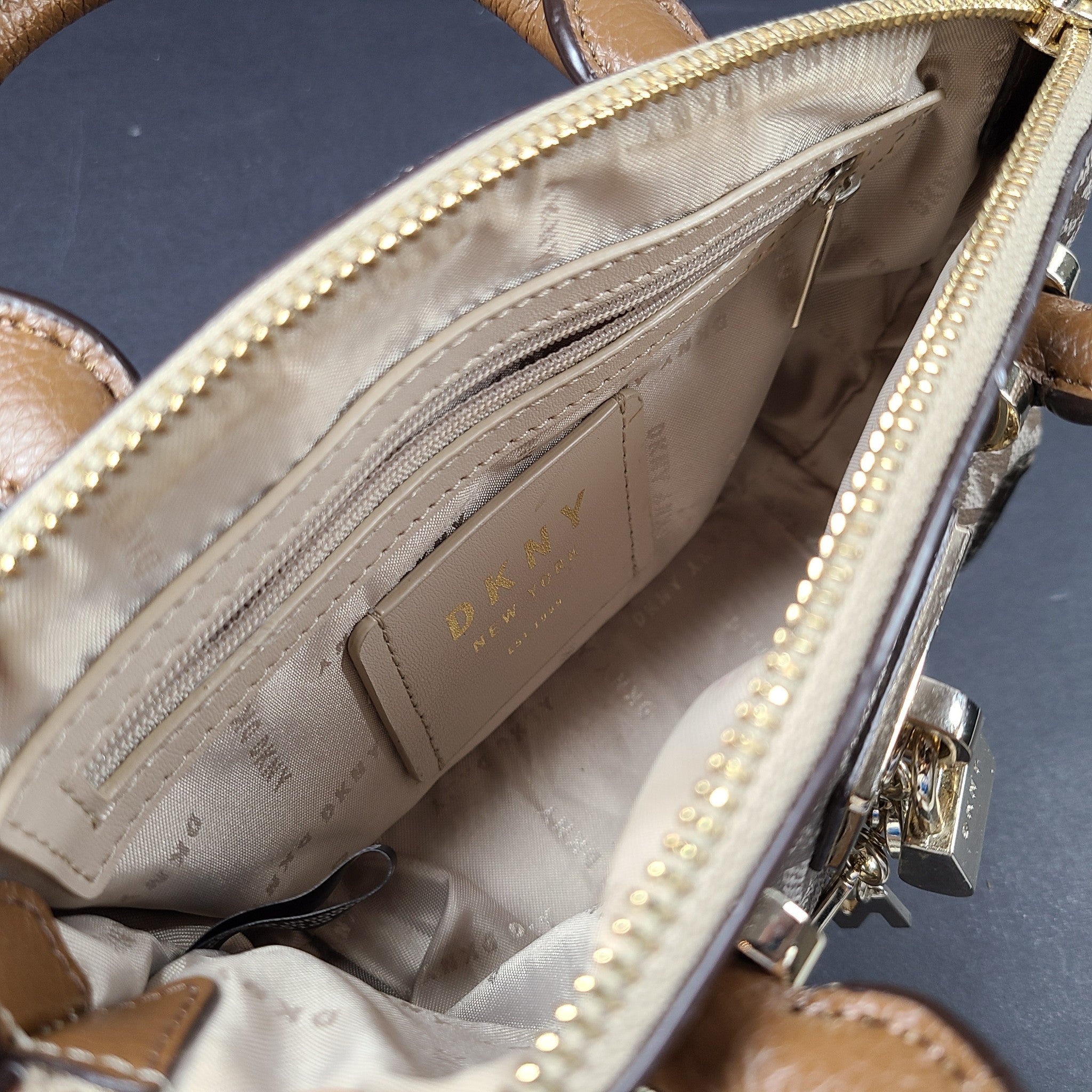 DKNY Elissa Small Leather/PVC Crossbody Satchel Handbag Monogram Logo Brown