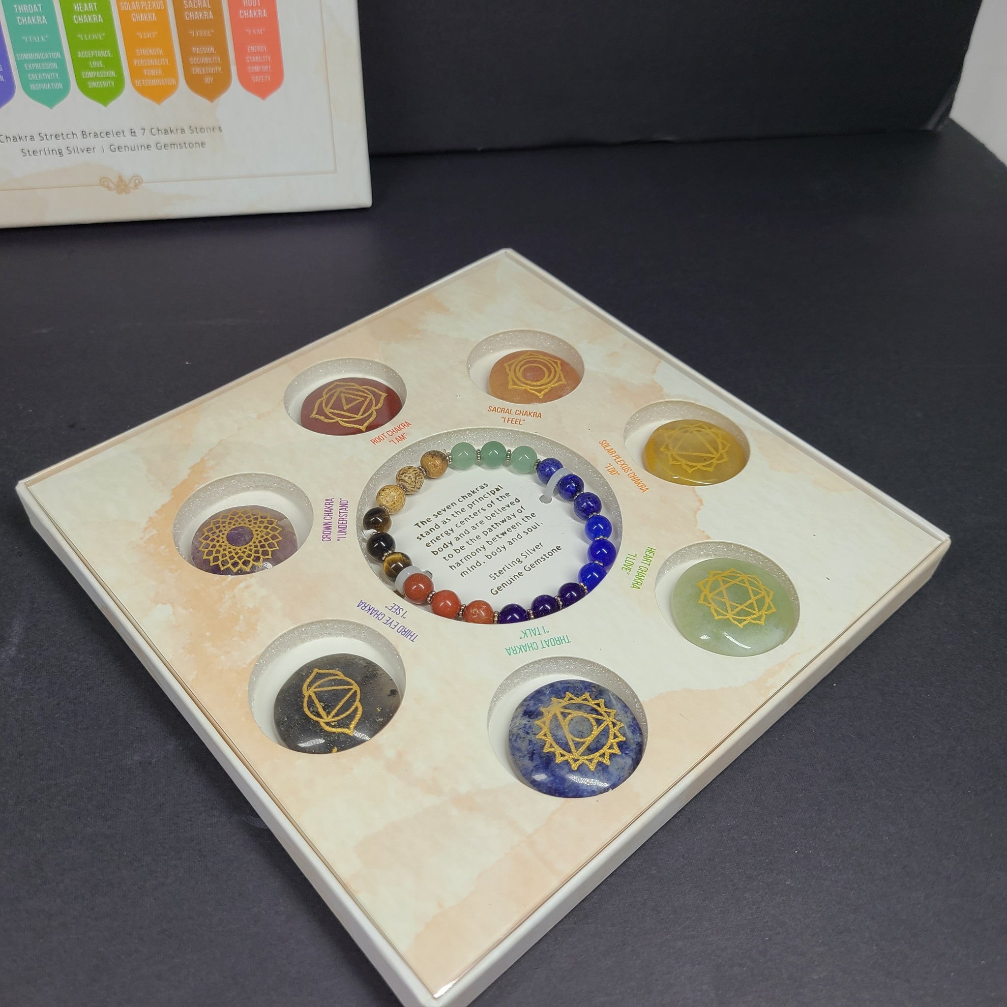 Chakra Stretch Bracelet & 7 Spiritual Energy Crystals Gift Box Set Silver