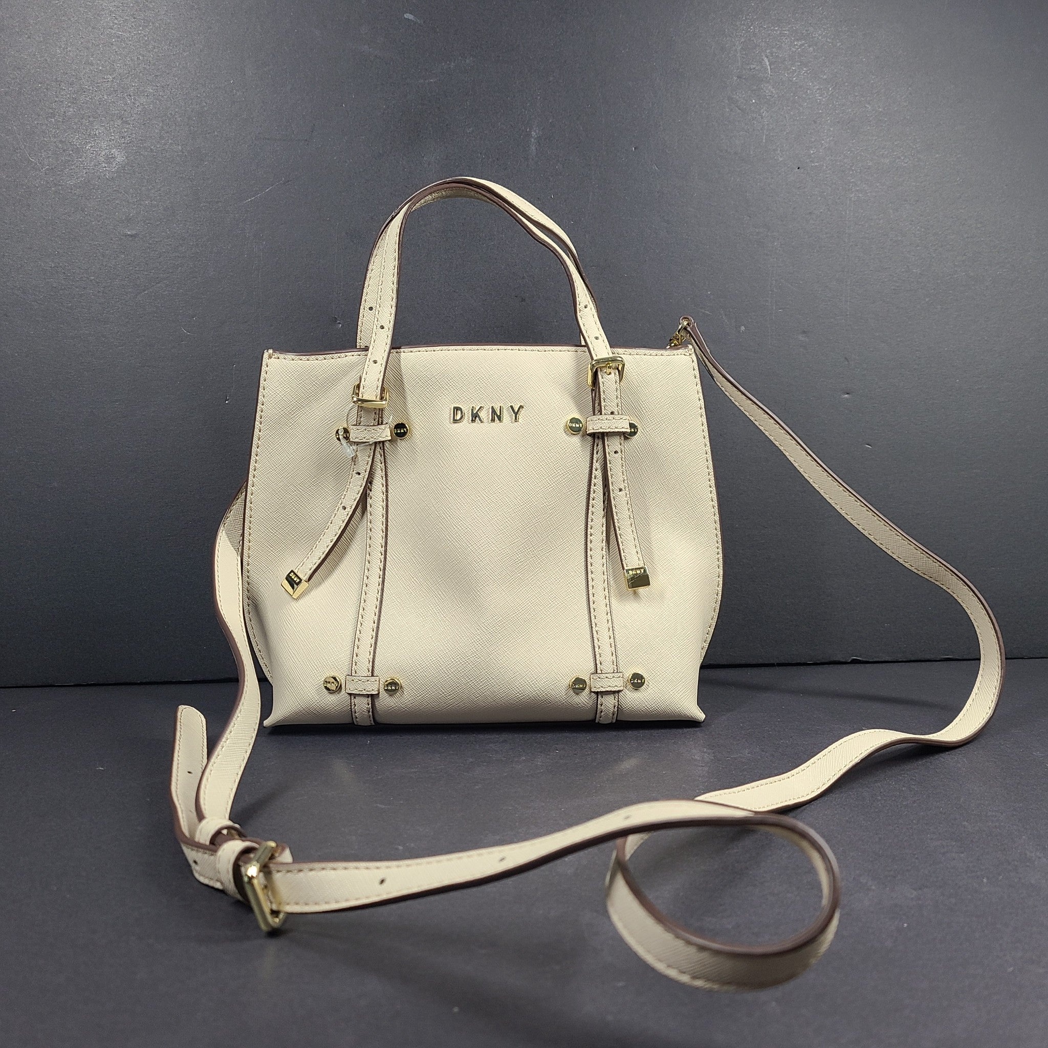DKNY Women's Bo Mini Crossbody Bag Coated Saffiano Leather Beige Gold $180