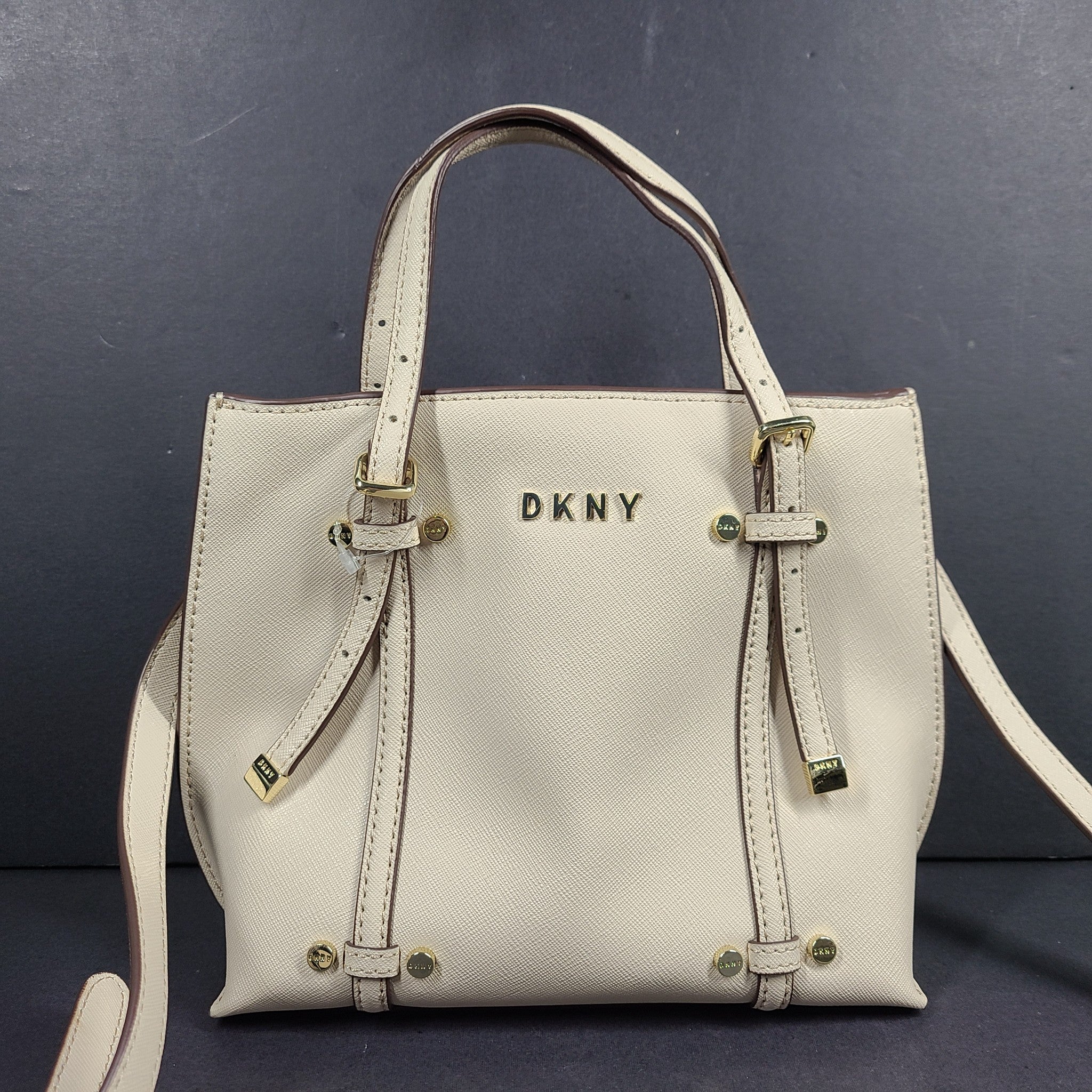 DKNY Women's Bo Mini Crossbody Bag Coated Saffiano Leather Beige Gold $180