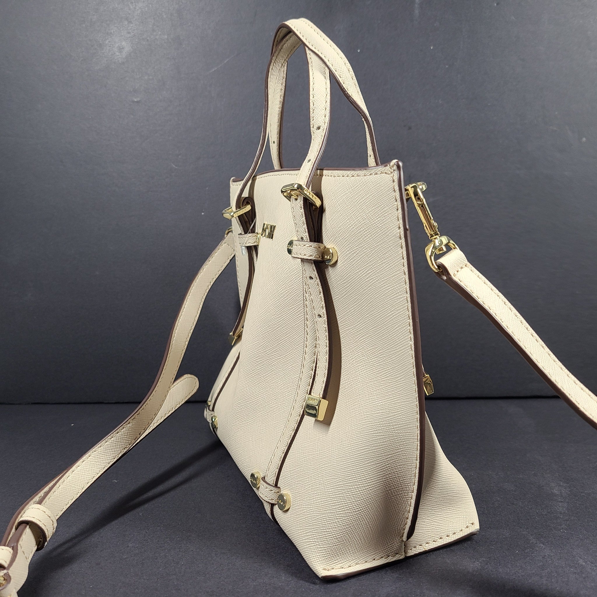 DKNY Women's Bo Mini Crossbody Bag Coated Saffiano Leather Beige Gold $180