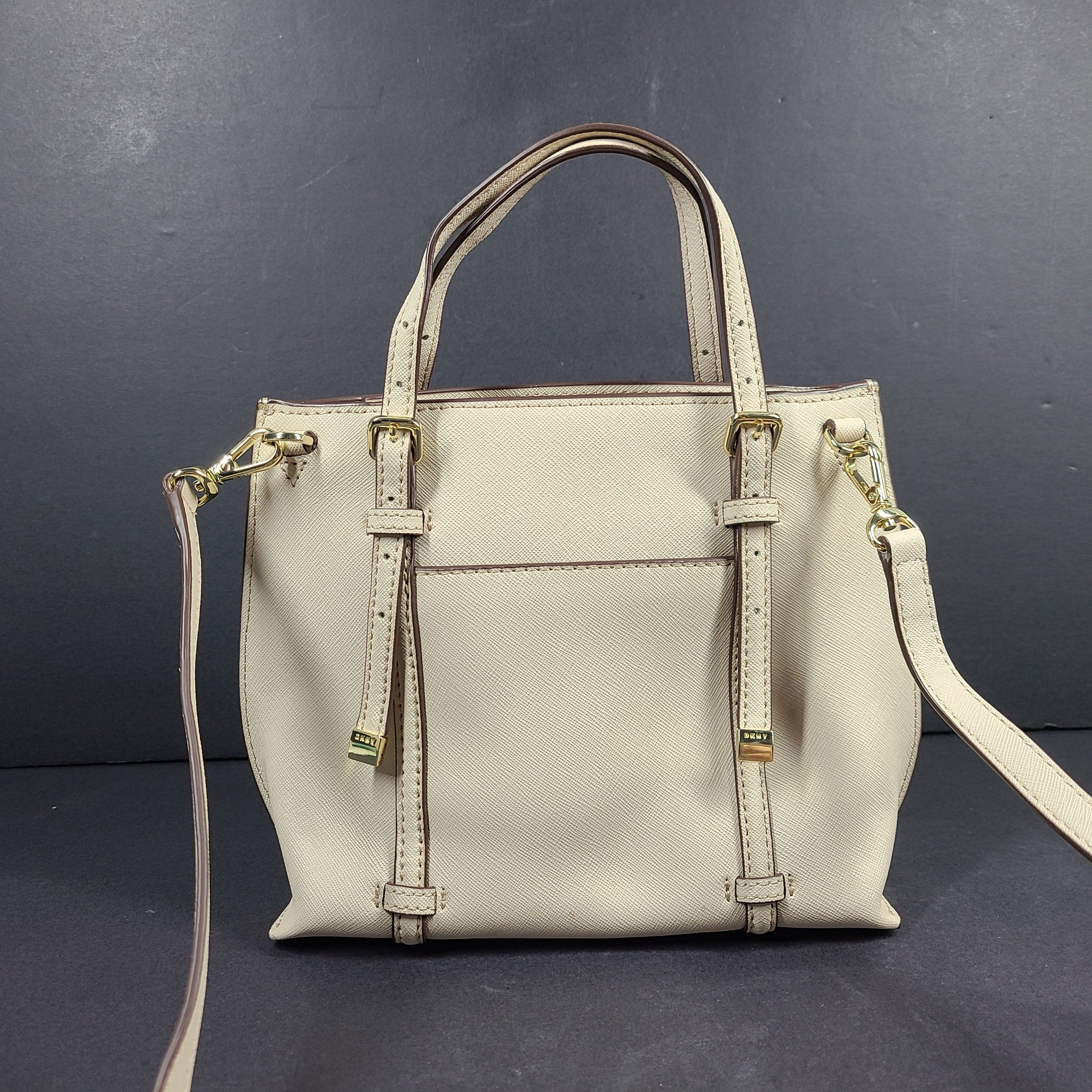 DKNY Women's Bo Mini Crossbody Bag Coated Saffiano Leather Beige Gold $180