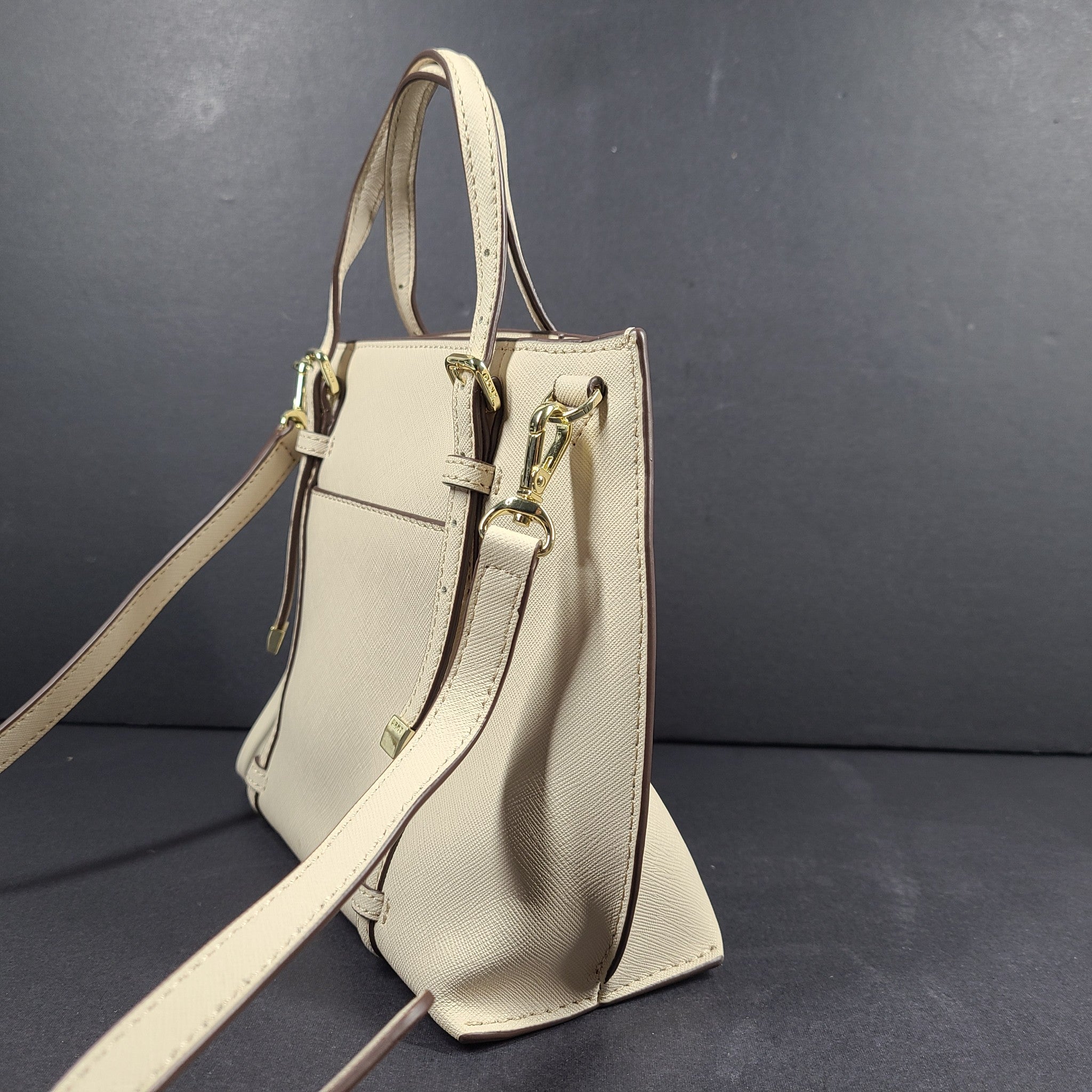 DKNY Women's Bo Mini Crossbody Bag Coated Saffiano Leather Beige Gold $180