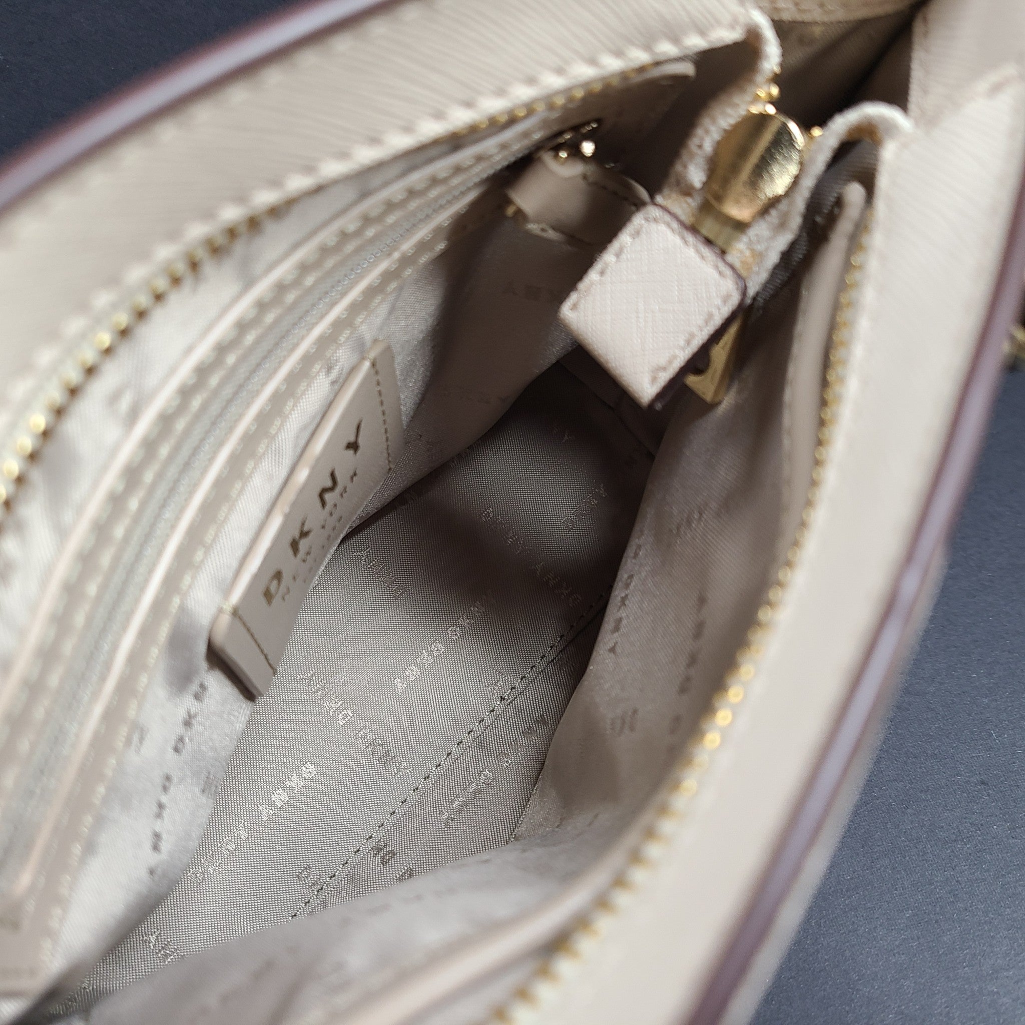 DKNY Women's Bo Mini Crossbody Bag Coated Saffiano Leather Beige Gold $180