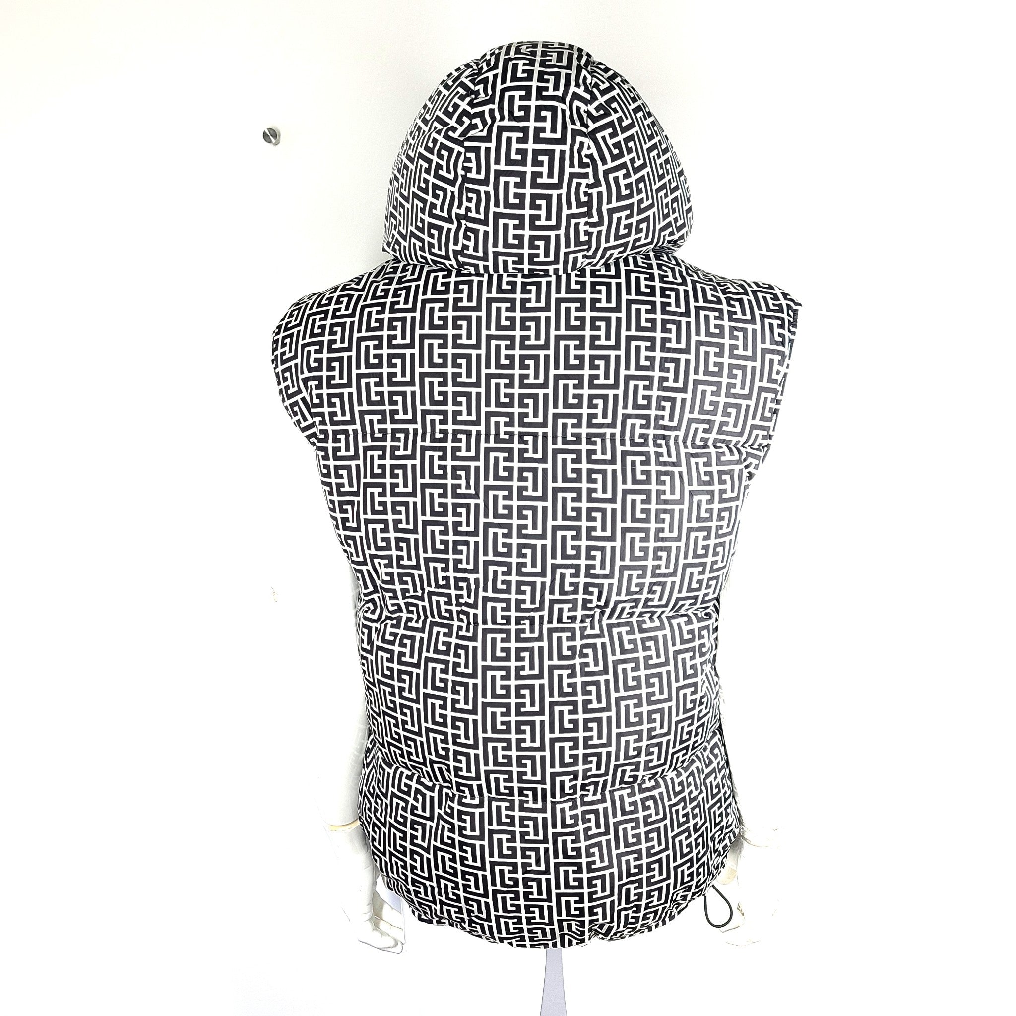 Balmain Men's Monogram Print Hooded Puffer Vest Black White Sz 40 / L
