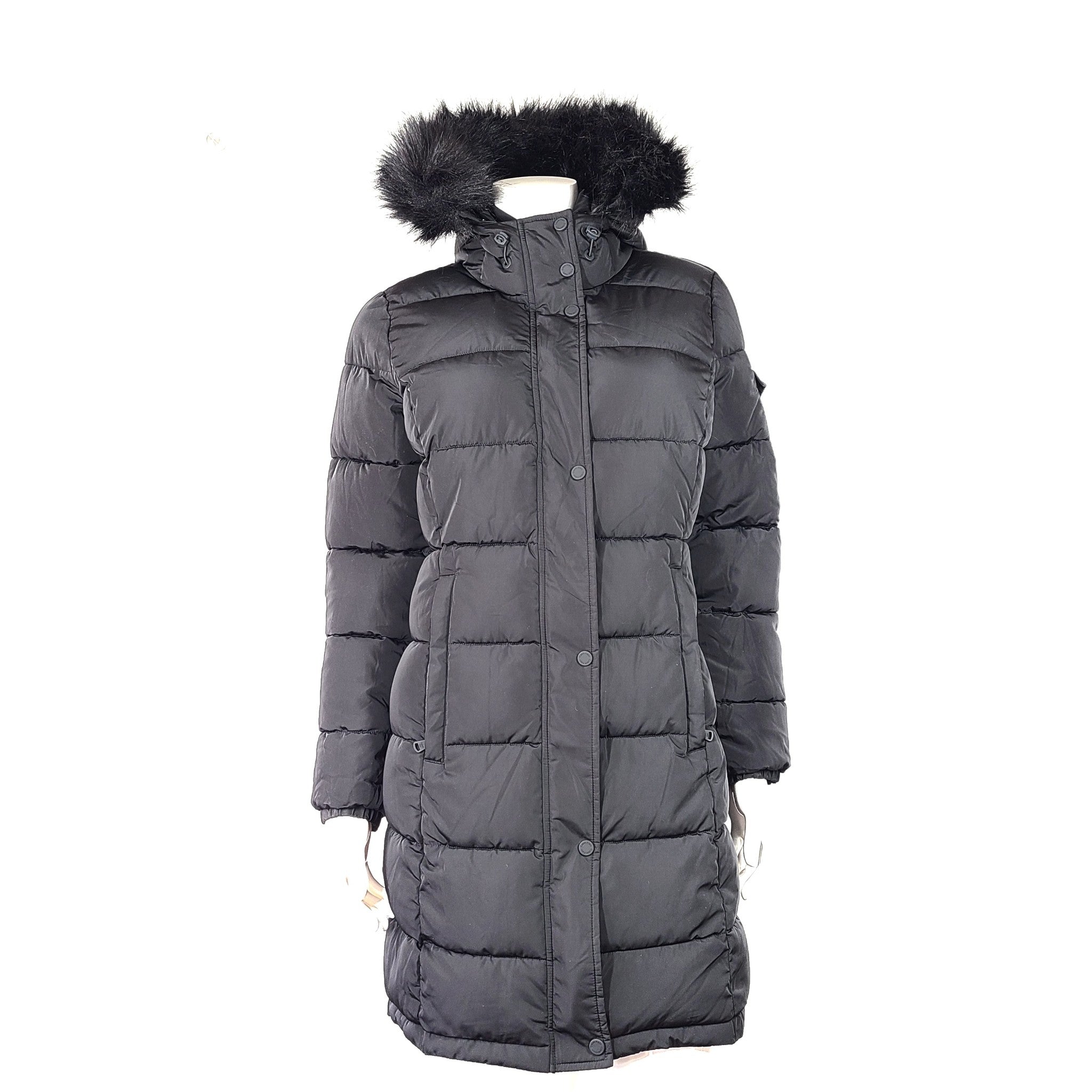 Calvin Klein Women's Long Puffer Coat Parka Quilted Faux Fur Trim Hood Black