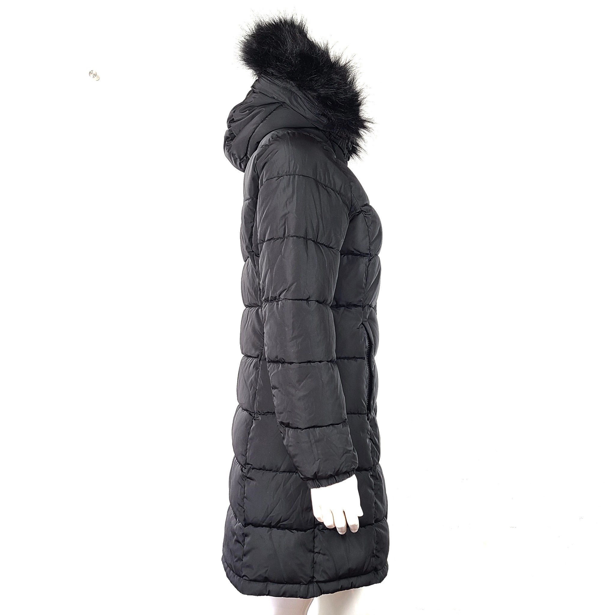 Calvin Klein Women's Long Puffer Coat Parka Quilted Faux Fur Trim Hood Black
