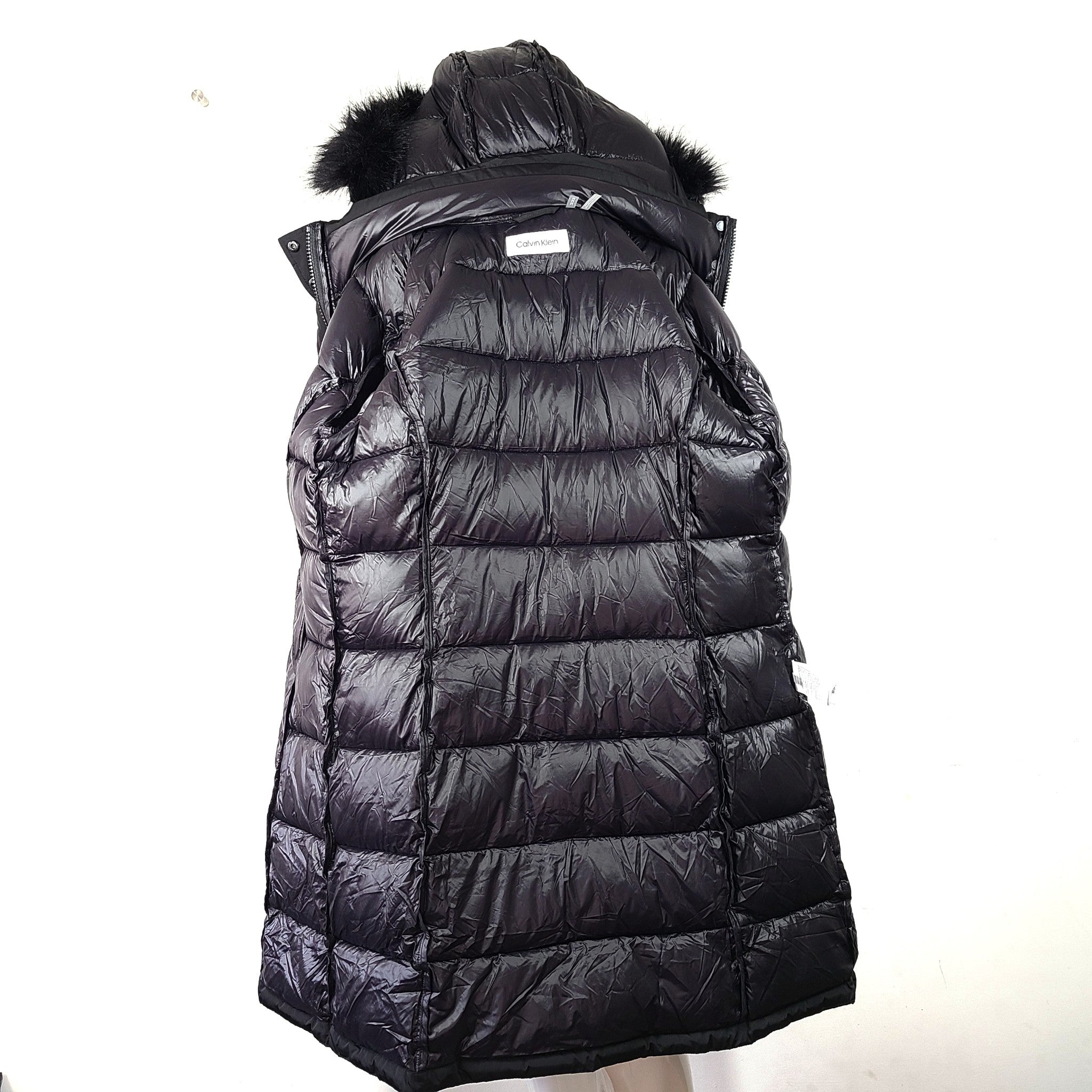 Calvin Klein Women's Long Puffer Coat Parka Quilted Faux Fur Trim Hood Black
