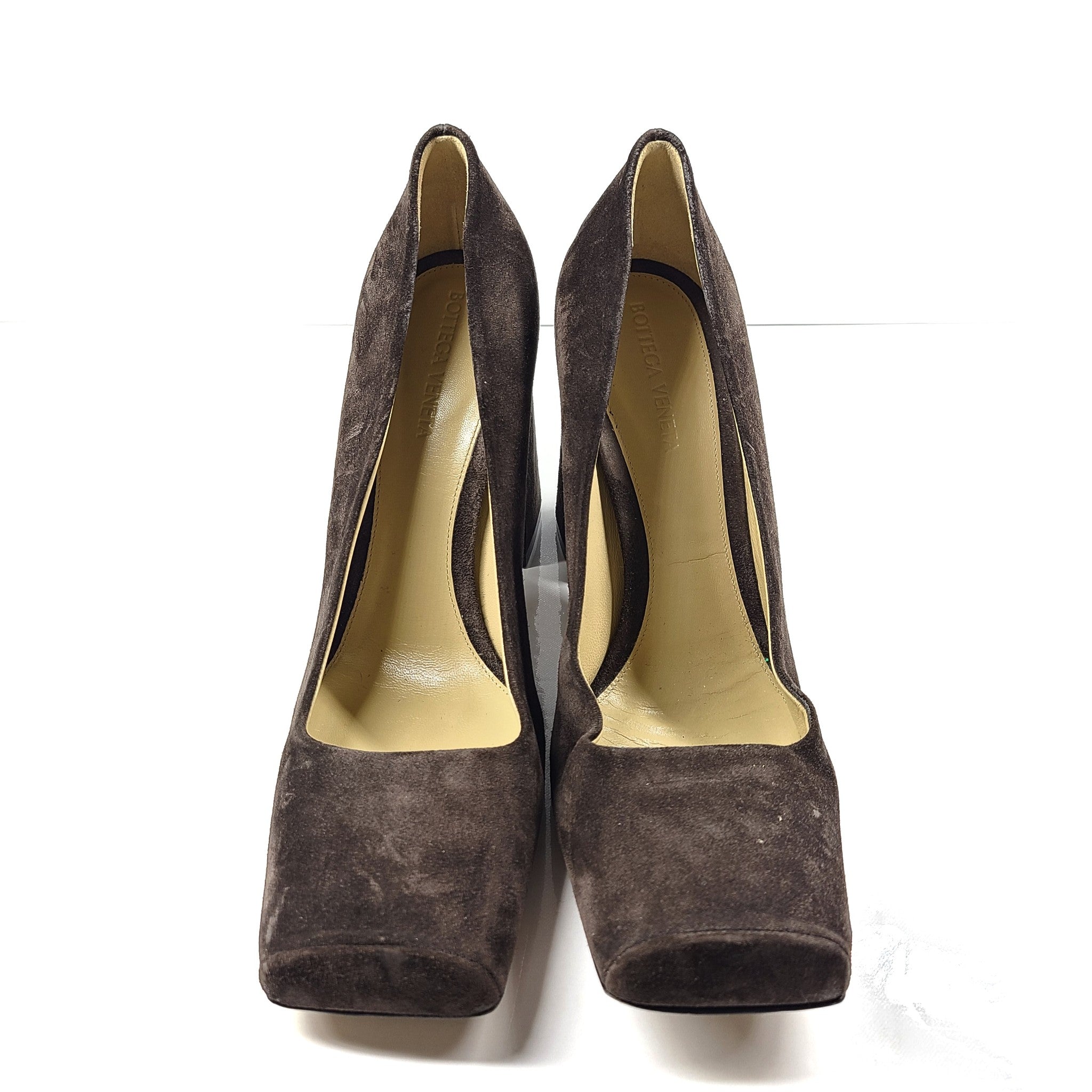 Bottega Veneta Tower Square-Toe Suede Pumps Brown Heels Shoes US 10
